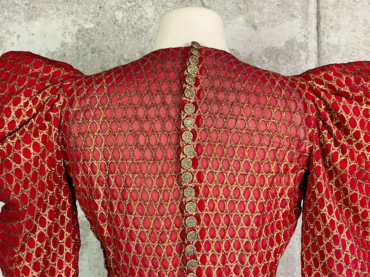 Vintage 1930s Red Silk Gold Lamé Brocade Gown with Leg-of-Mutton Sleeves