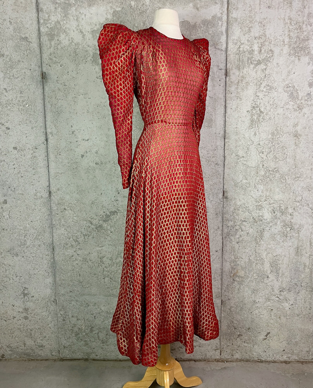 Vintage 1930s Red Silk Gold Lamé Brocade Gown with Leg-of-Mutton Sleeves