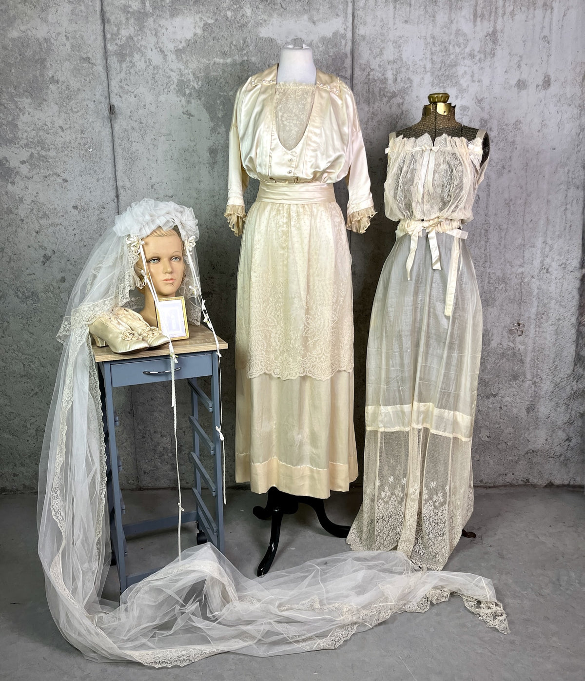 Antique 1900s 1910s Wedding Trousseau – Satin Lace Bridal Dress, Undergarments, Veil, Shoes & Accessories, Historical Heirloom