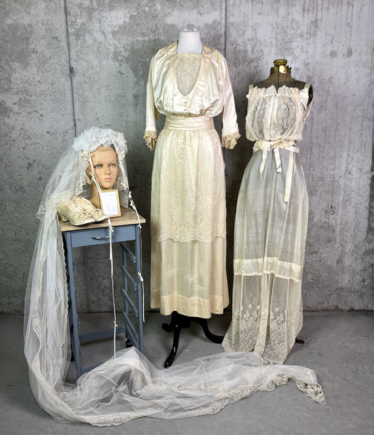 Antique 1900s 1910s Wedding Trousseau – Satin Lace Bridal Dress, Undergarments, Veil, Shoes & Accessories, Historical Heirloom