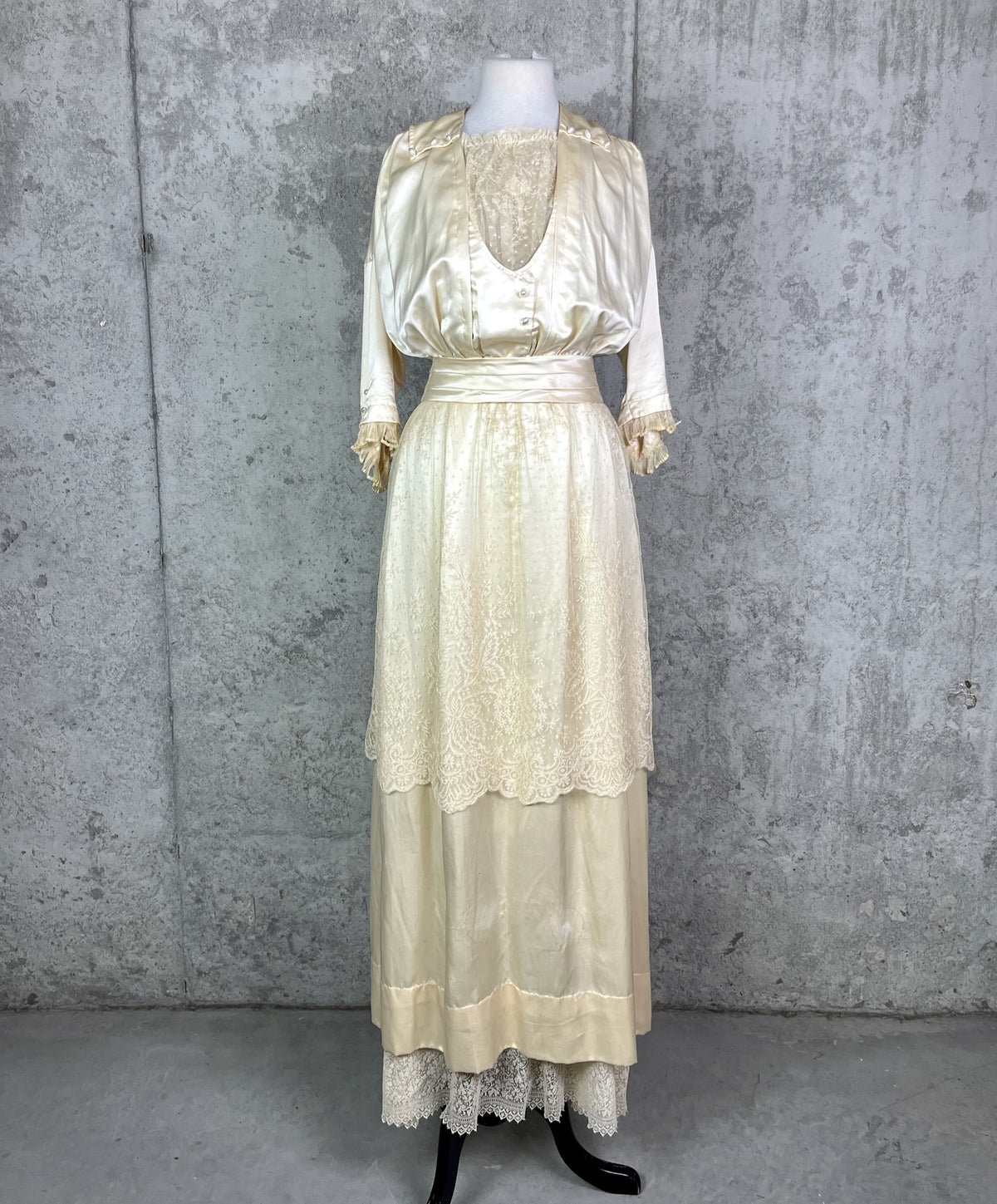 Antique 1900s 1910s Wedding Trousseau – Satin Lace Bridal Dress, Undergarments, Veil, Shoes & Accessories, Historical Heirloom