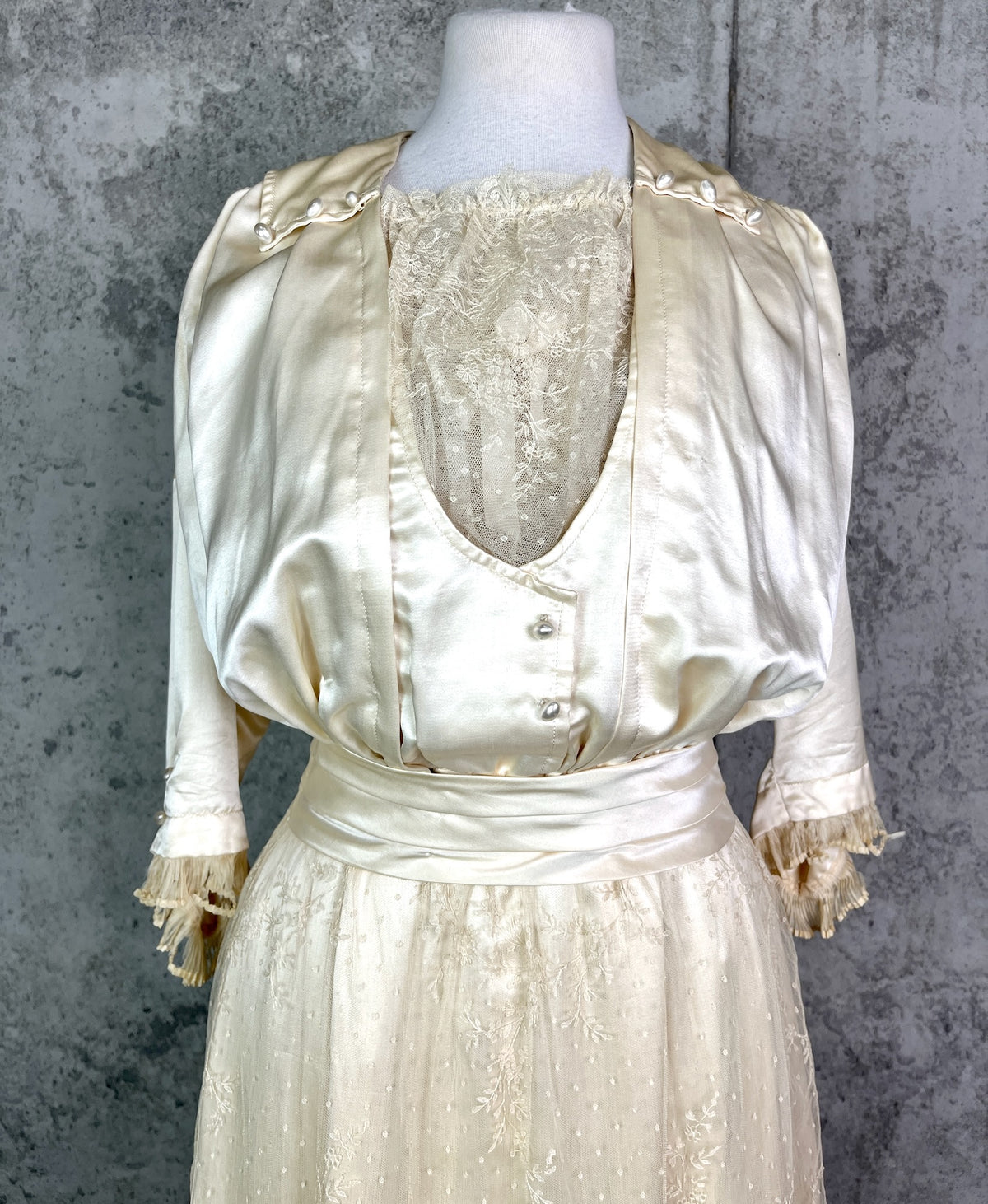 Antique 1900s 1910s Wedding Trousseau – Satin Lace Bridal Dress, Undergarments, Veil, Shoes & Accessories, Historical Heirloom