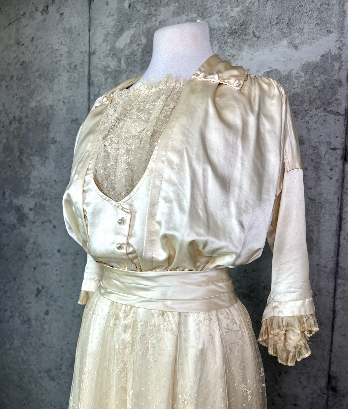 Antique 1900s 1910s Wedding Trousseau – Satin Lace Bridal Dress, Undergarments, Veil, Shoes & Accessories, Historical Heirloom
