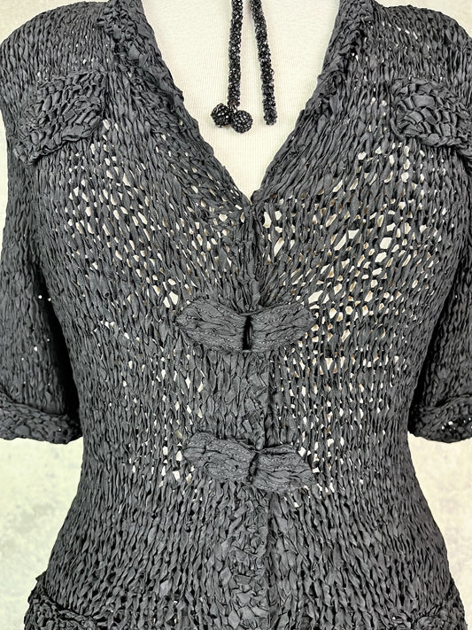 Vintage 1940s Black Ribbon Knit Bombshell Hourglass 2-Piece Dress Set, S/M - M