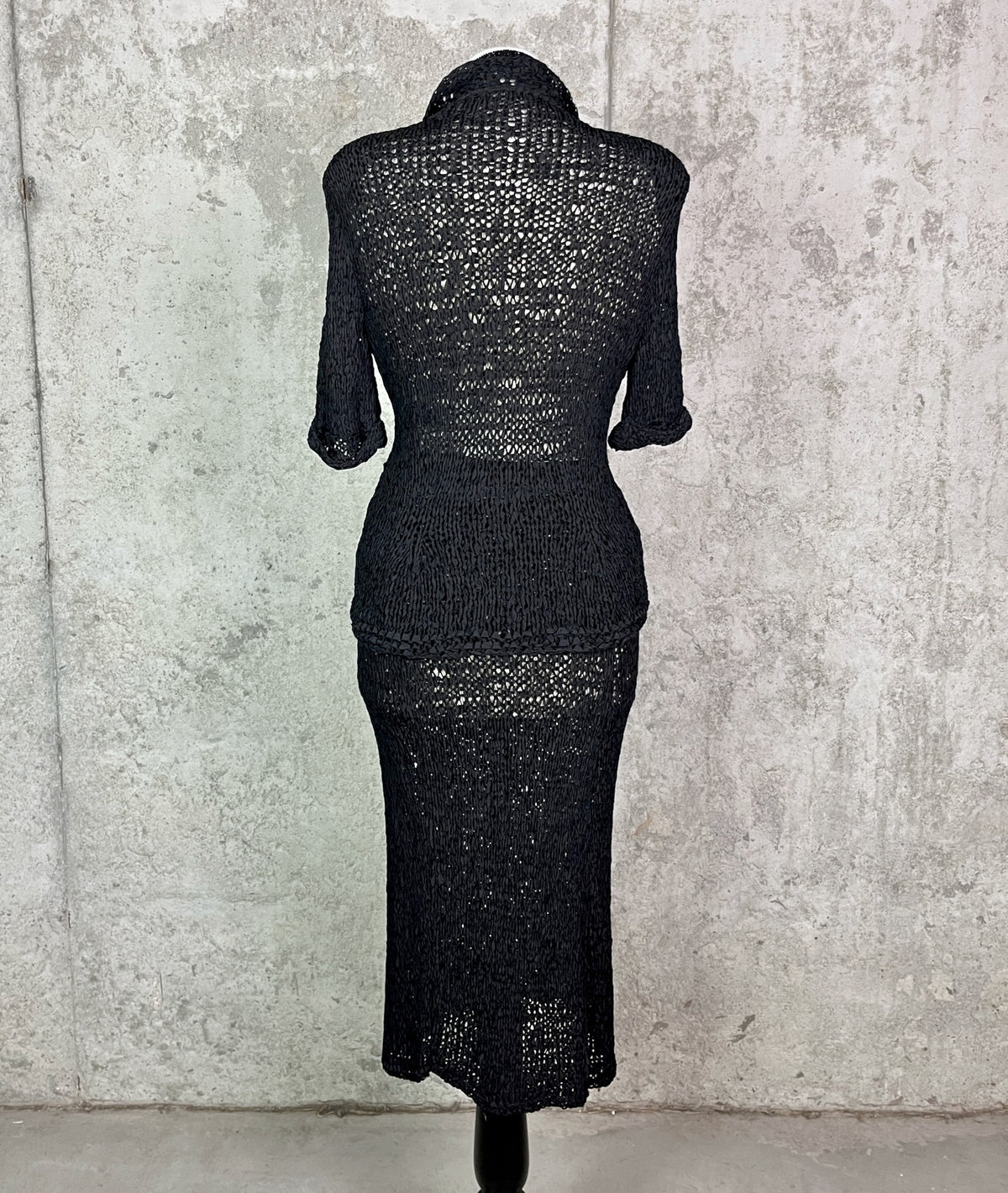 Vintage 1940s Black Ribbon Knit Bombshell Hourglass 2-Piece Dress Set, S/M - M