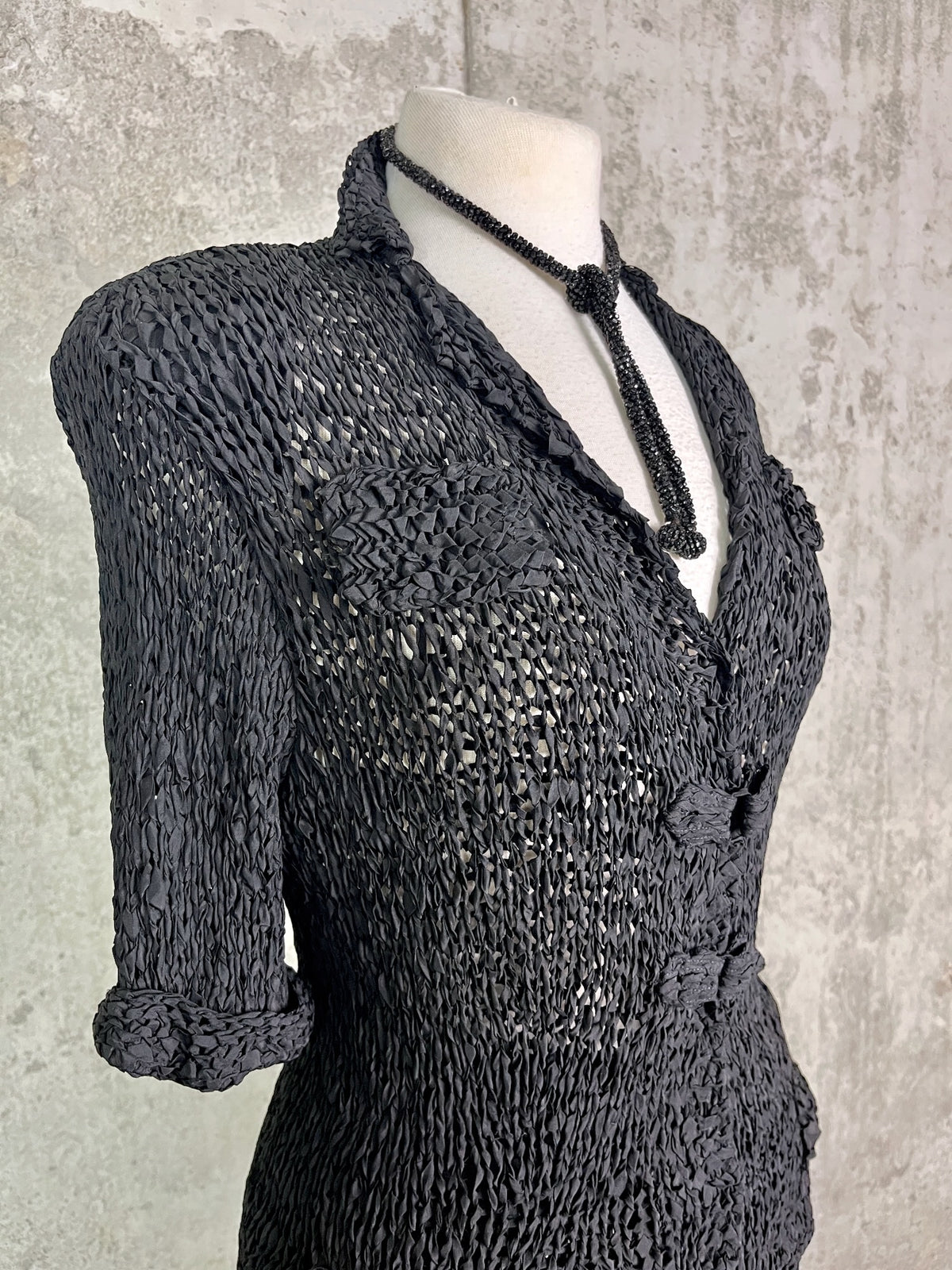Vintage 1940s Black Ribbon Knit Bombshell Hourglass 2-Piece Dress Set, S/M - M