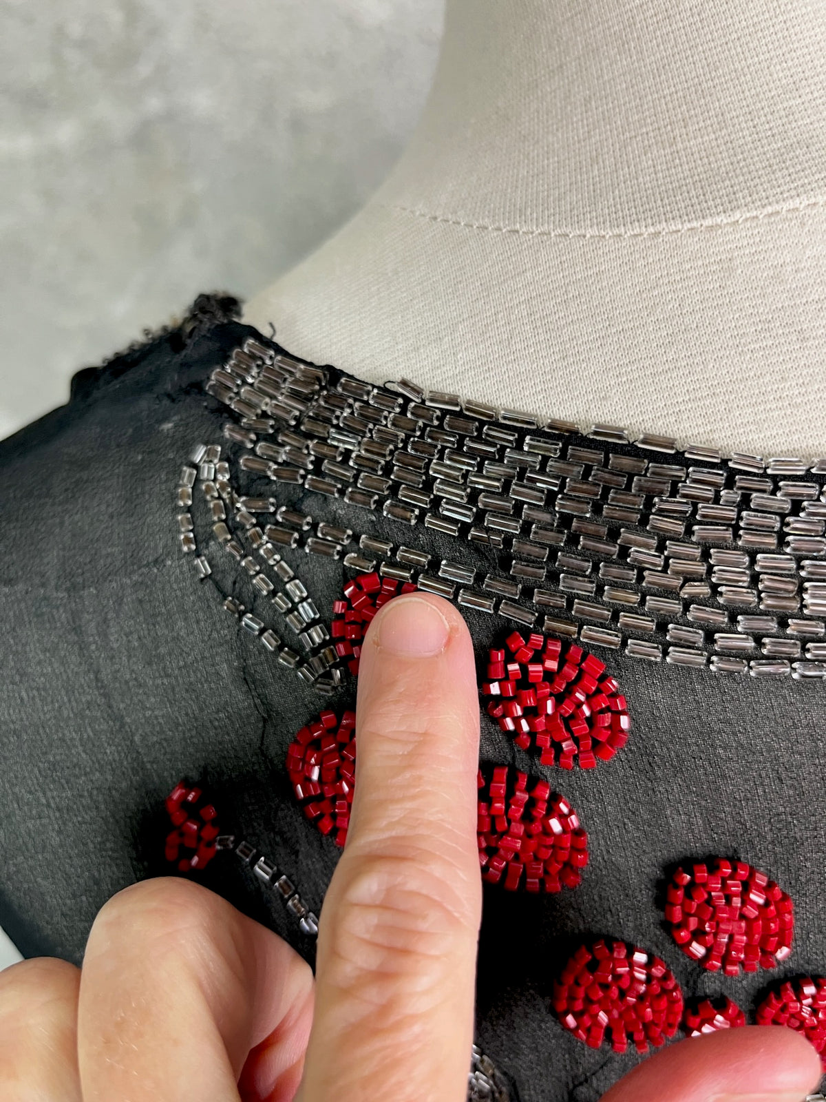 Antique 1920s Black Sheer Cherry Blossom Beaded Flapper Dress