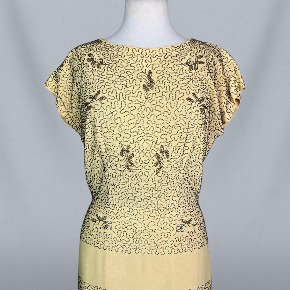 Vintage 1940s Golden Yellow Beaded Cocktail Dress with Draped Back Skirt, S/M - Medium