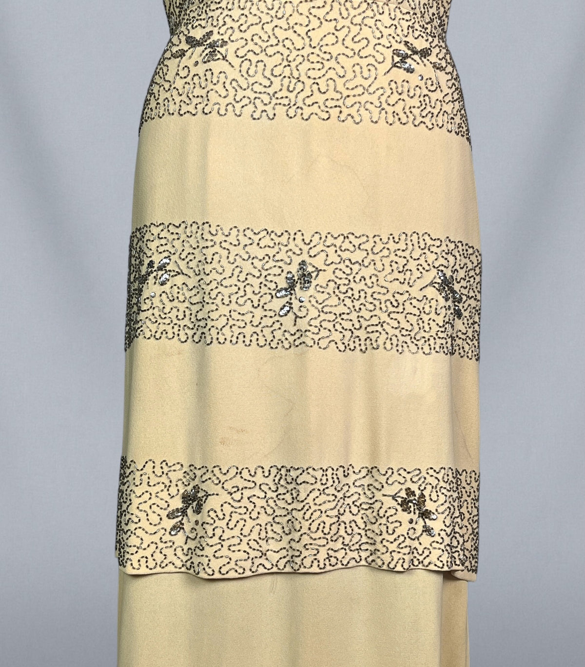 Vintage 1940s Golden Yellow Beaded Cocktail Dress with Draped Back Skirt, S/M - Medium