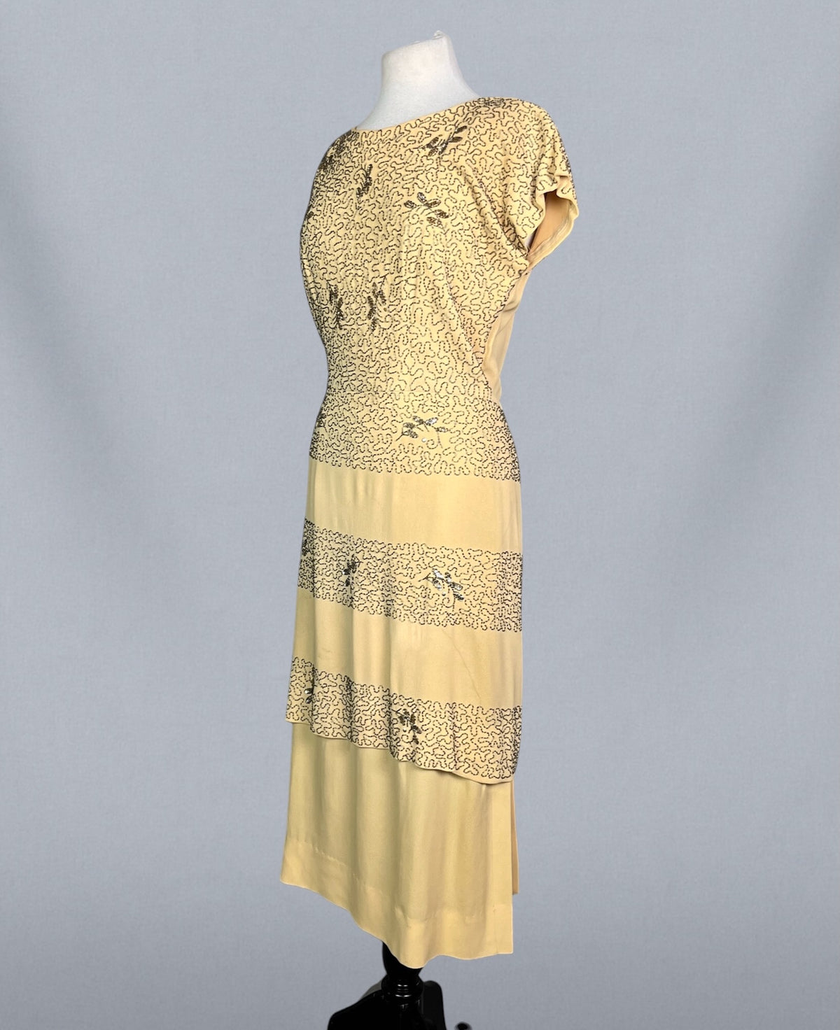 Vintage 1940s Golden Yellow Beaded Cocktail Dress with Draped Back Skirt, S/M - Medium