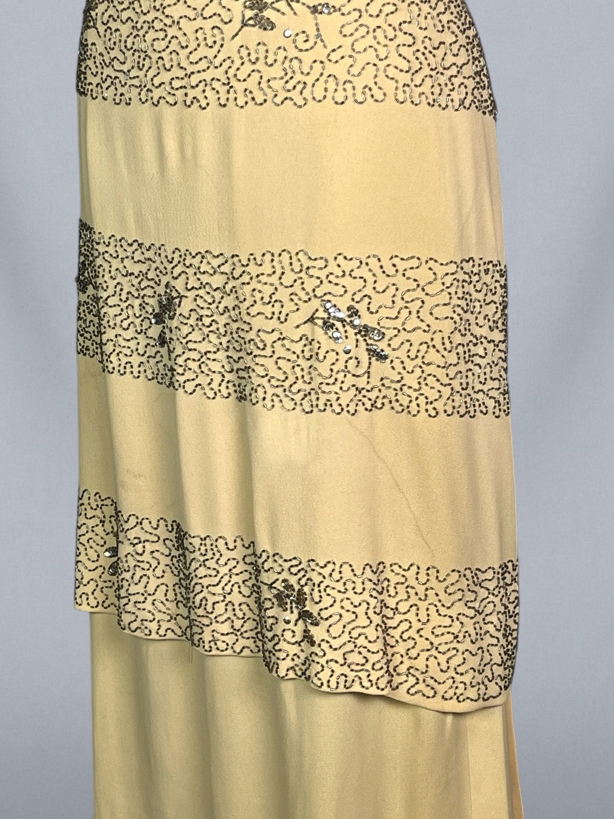 Vintage 1940s Golden Yellow Beaded Cocktail Dress with Draped Back Skirt, S/M - Medium
