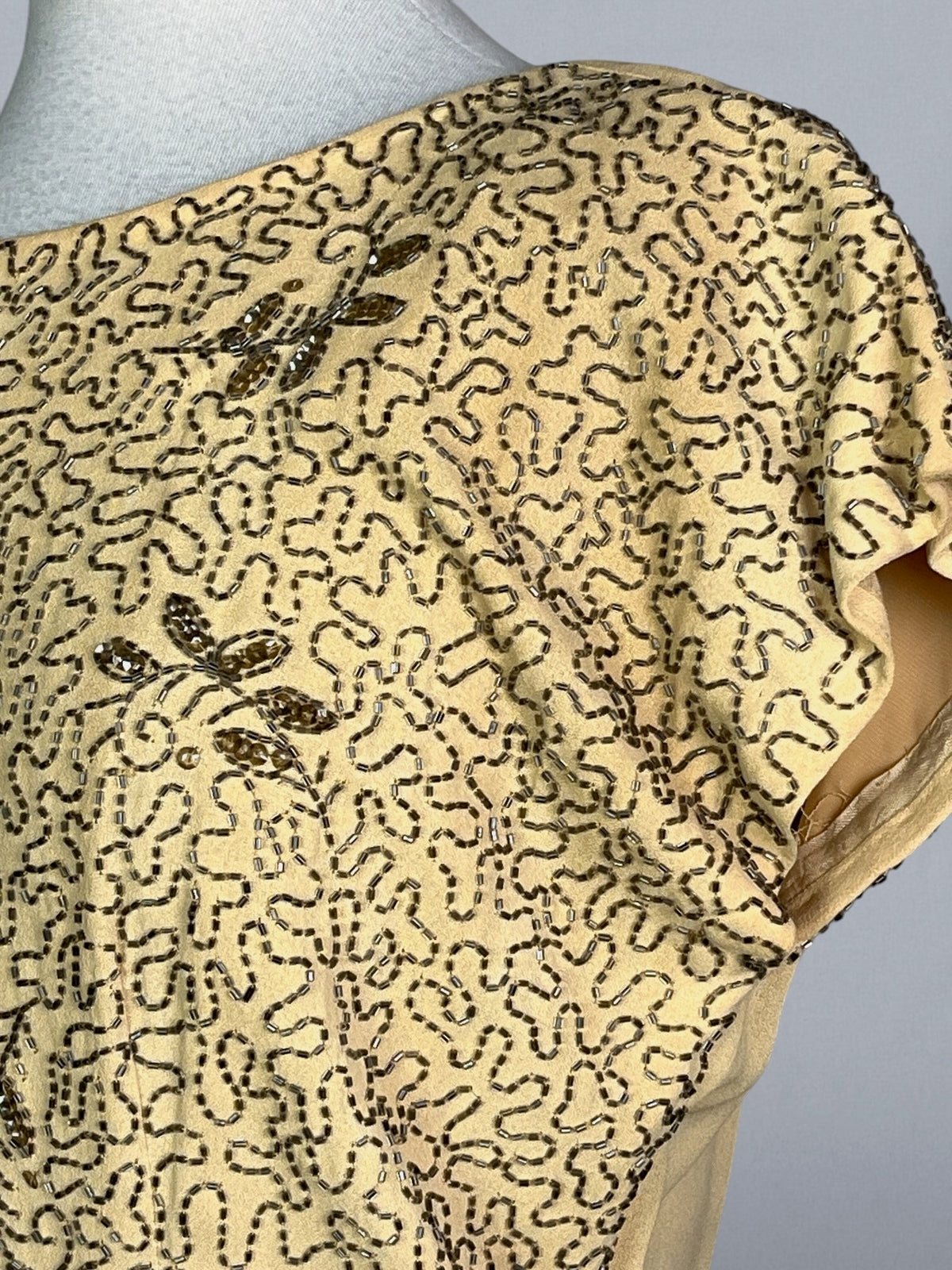Vintage 1940s Golden Yellow Beaded Cocktail Dress with Draped Back Skirt, S/M - Medium