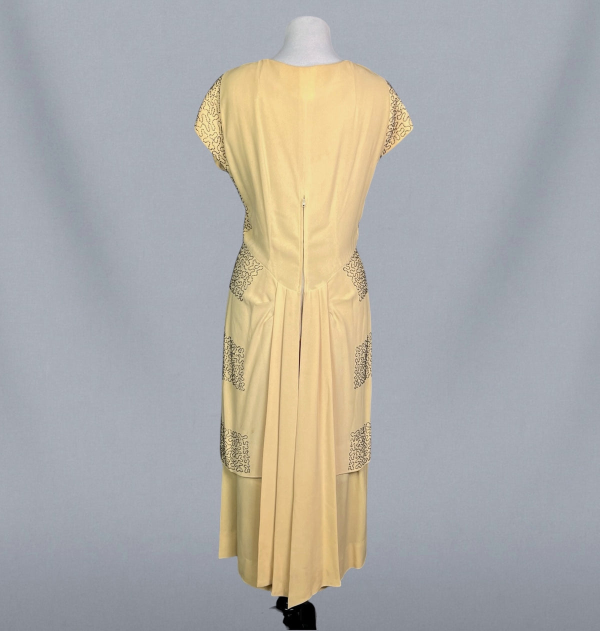 Vintage 1940s Golden Yellow Beaded Cocktail Dress with Draped Back Skirt, S/M - Medium