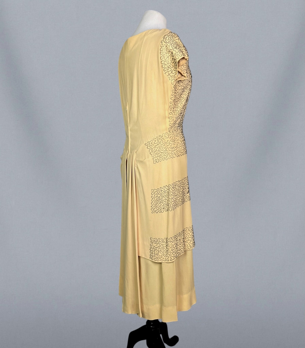 Vintage 1940s Golden Yellow Beaded Cocktail Dress with Draped Back Skirt, S/M - Medium