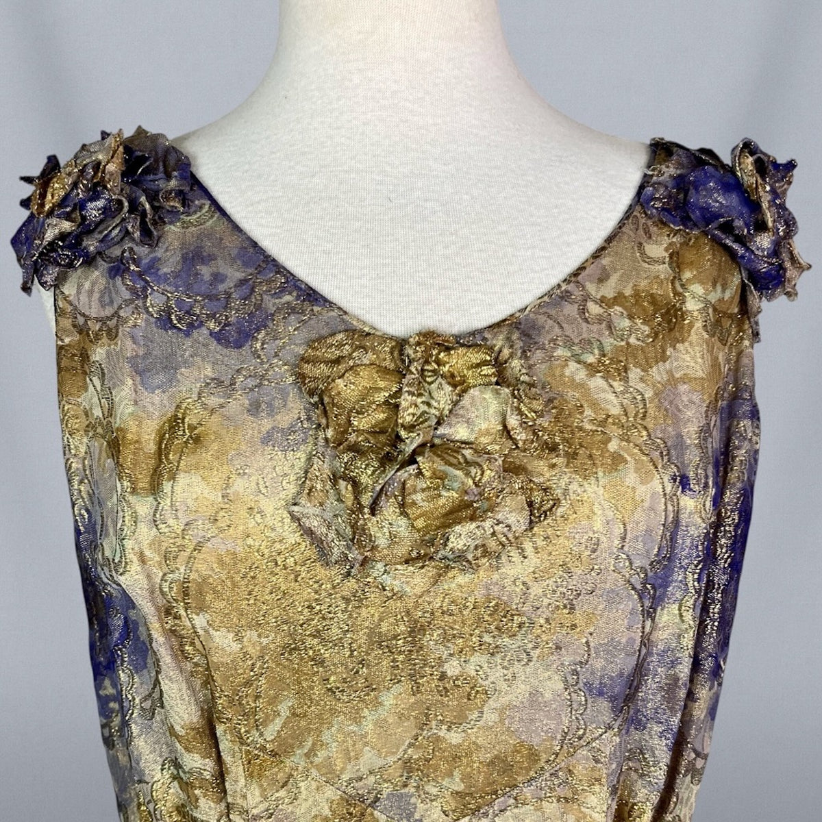 Vintage 1930s Purple & Gold Floral Silk Lamé Evening Dress, Medium