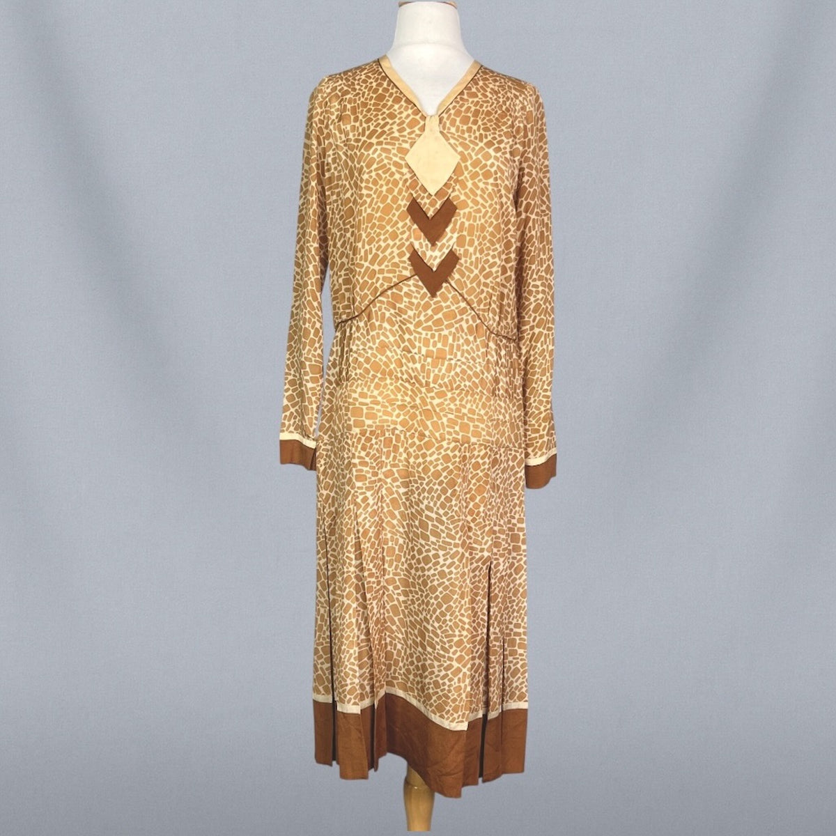 Vintage 1920s Brown & Cream Geometric Print Silk Day Dress, S/M