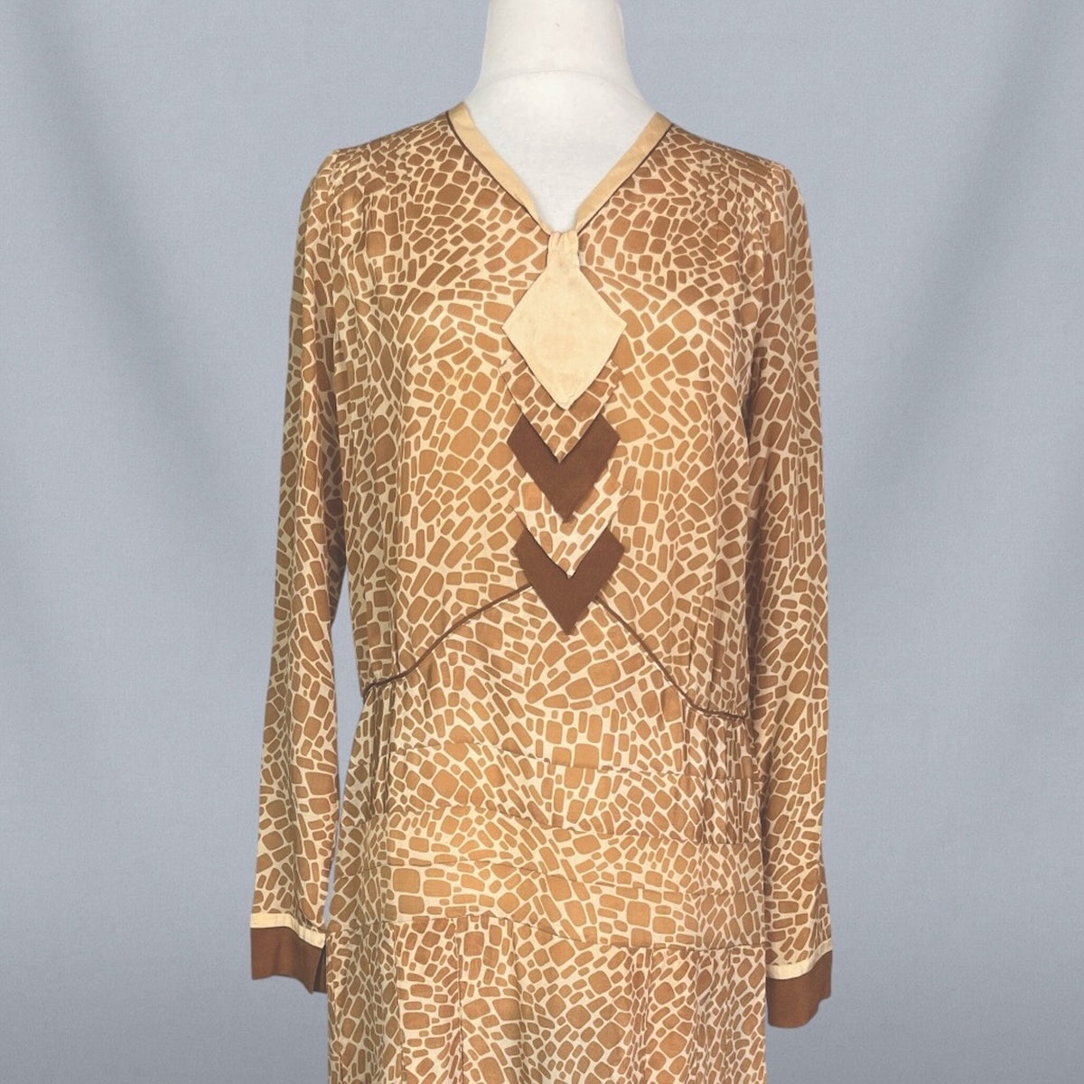 Vintage 1920s Brown & Cream Geometric Print Silk Day Dress, S/M