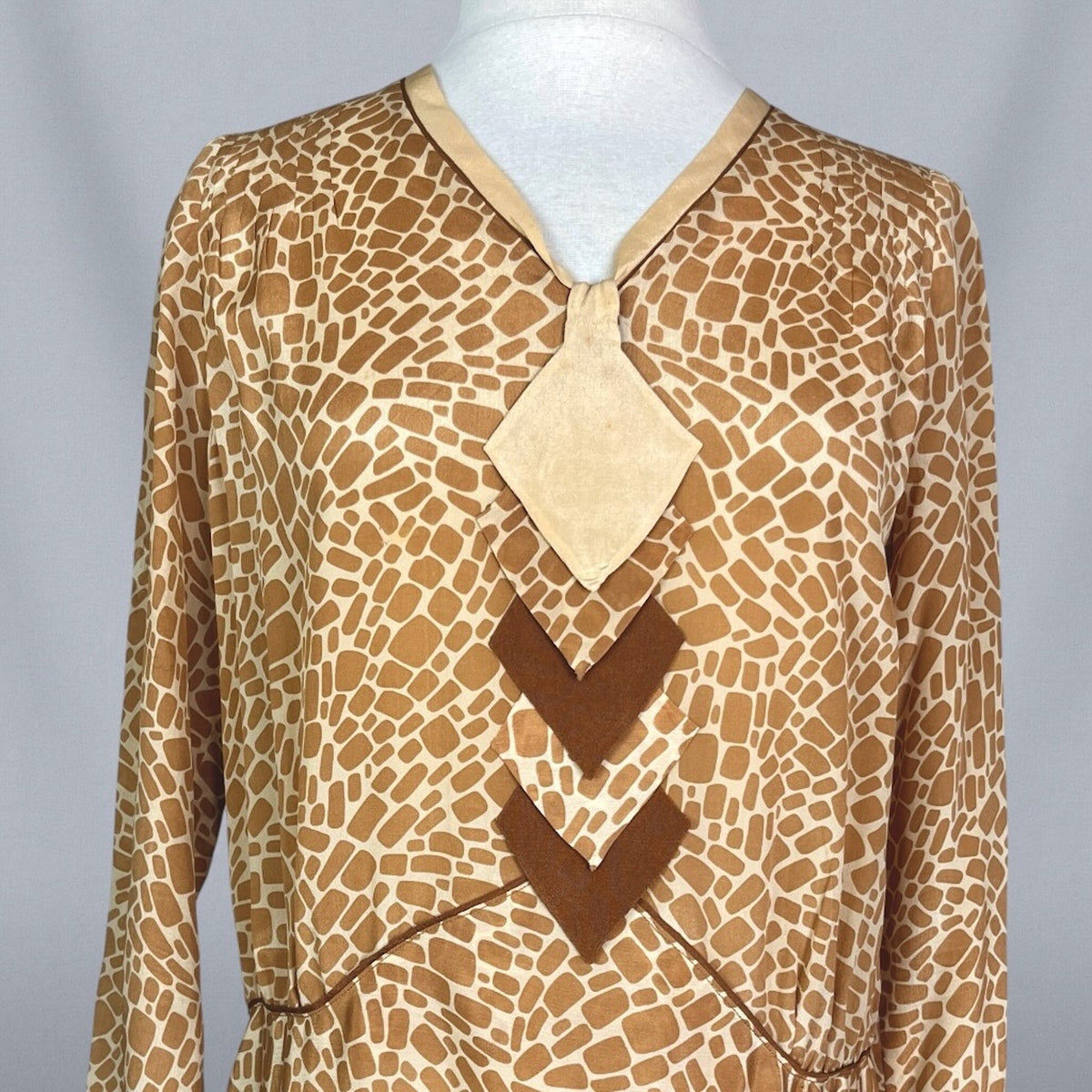 Vintage 1920s Brown & Cream Geometric Print Silk Day Dress, S/M