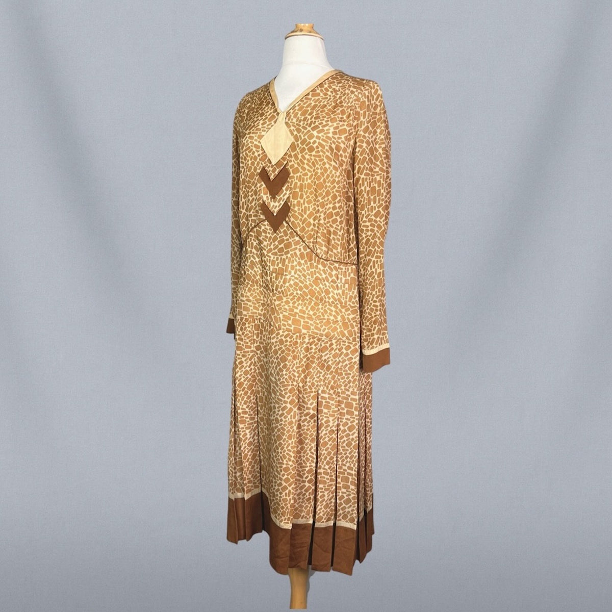 Vintage 1920s Brown & Cream Geometric Print Silk Day Dress, S/M