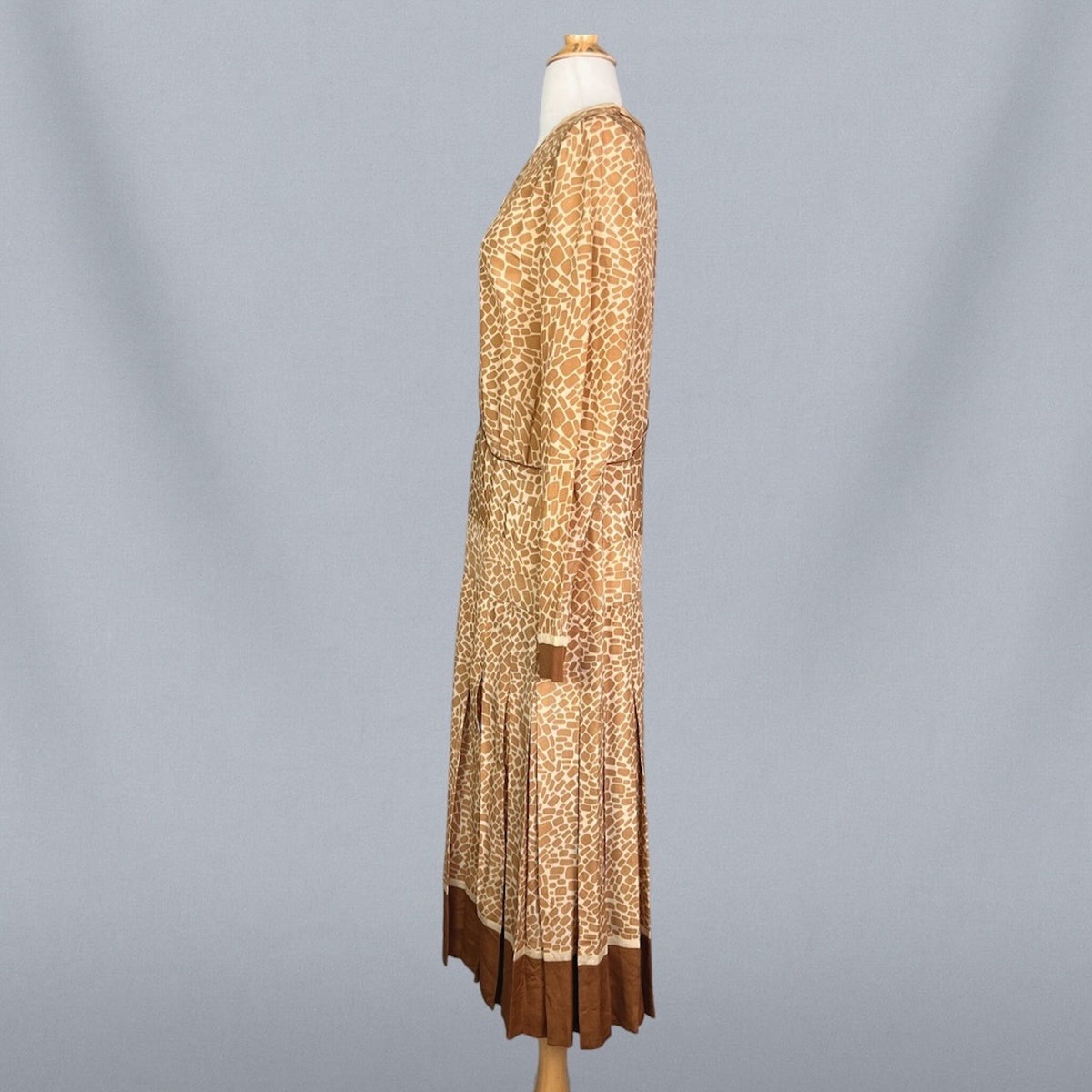 Vintage 1920s Brown & Cream Geometric Print Silk Day Dress, S/M