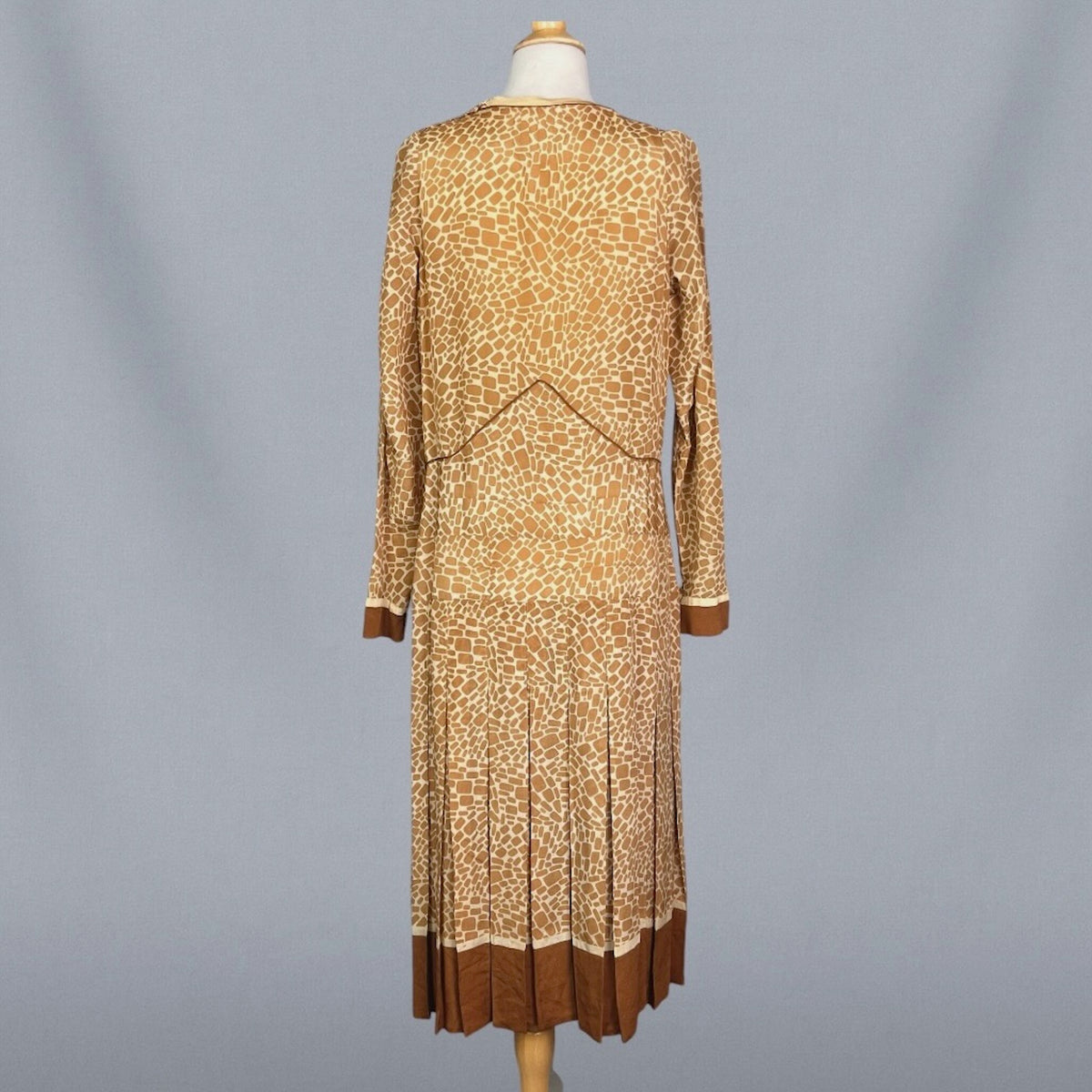 Vintage 1920s Brown & Cream Geometric Print Silk Day Dress, S/M