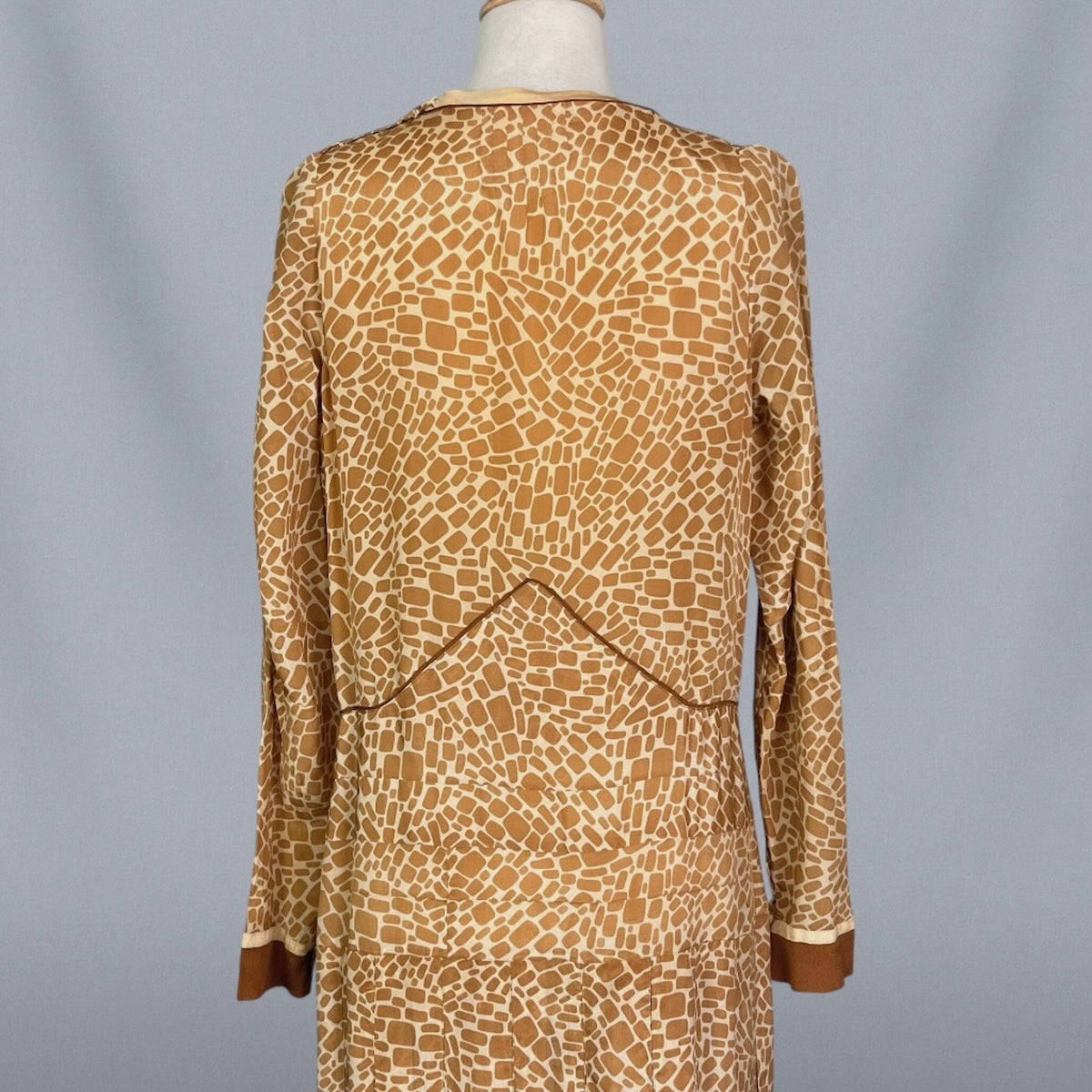 Vintage 1920s Brown & Cream Geometric Print Silk Day Dress, S/M