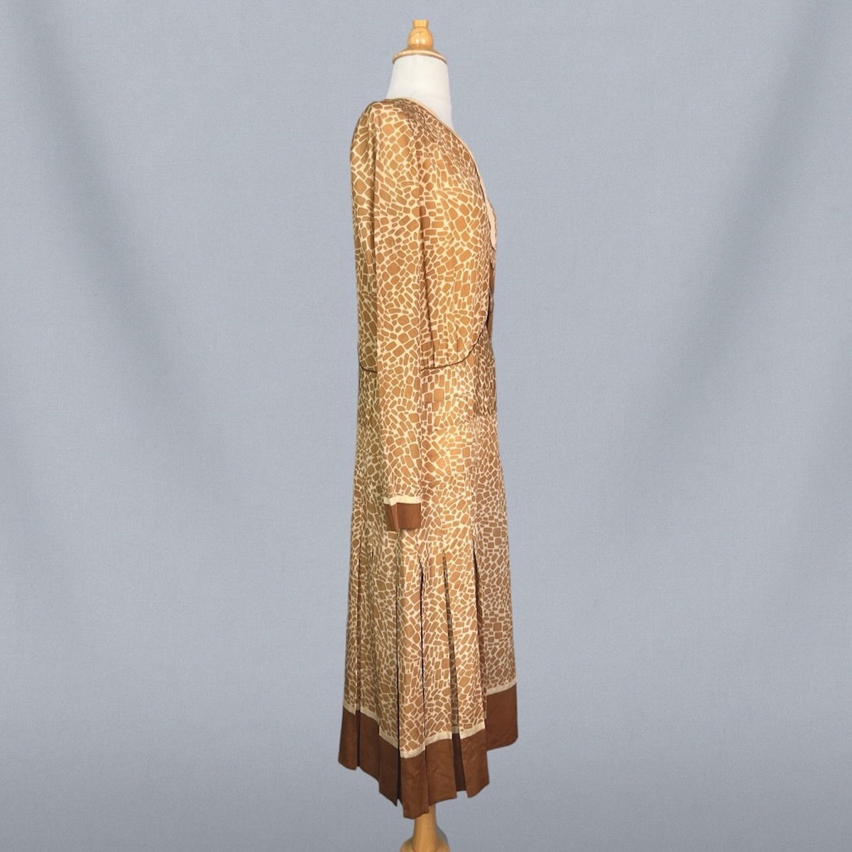 Vintage 1920s Brown & Cream Geometric Print Silk Day Dress, S/M