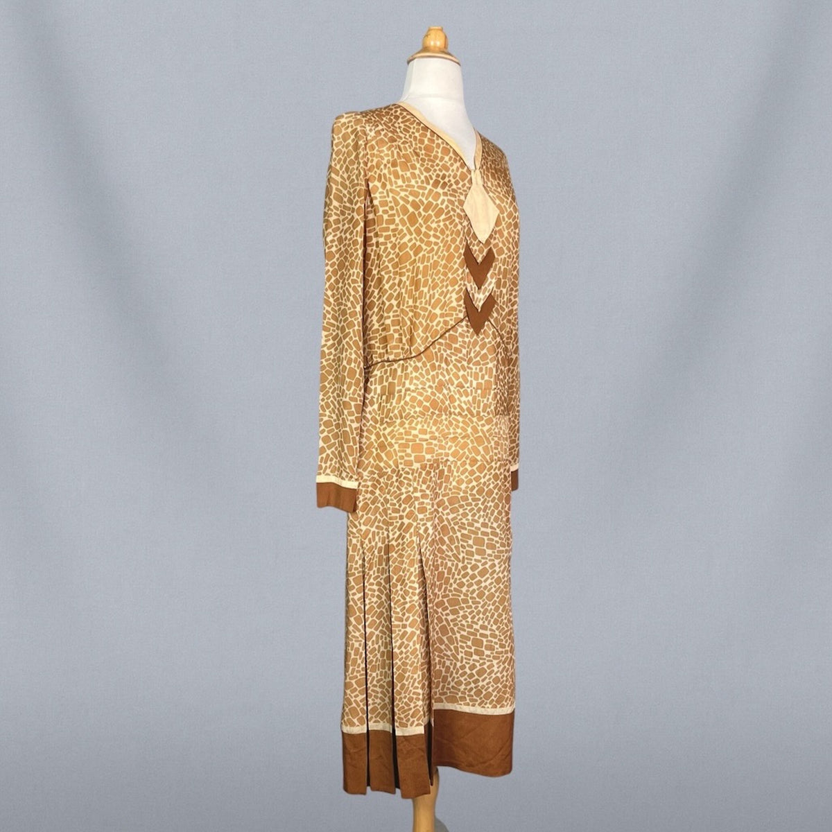 Vintage 1920s Brown & Cream Geometric Print Silk Day Dress, S/M