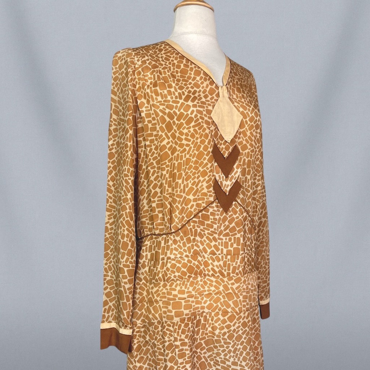 Vintage 1920s Brown & Cream Geometric Print Silk Day Dress, S/M