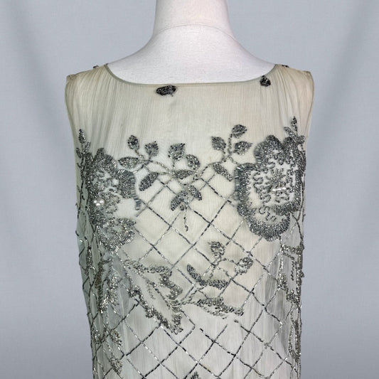 Antique 1920s Pale Green Silk Beaded Flapper Evening Dress, XS / S