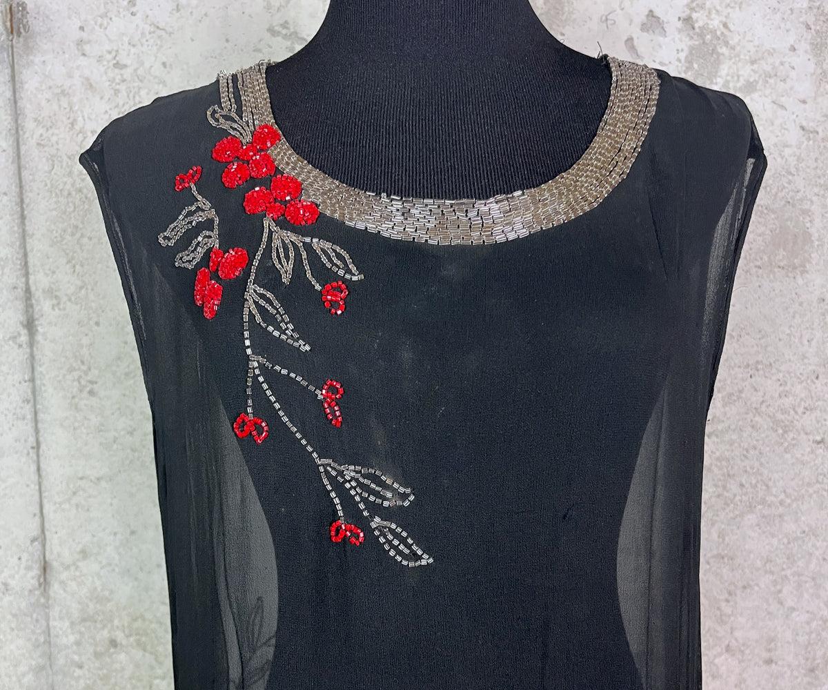 Antique 1920s Black Sheer Cherry Blossom Beaded Flapper Dress