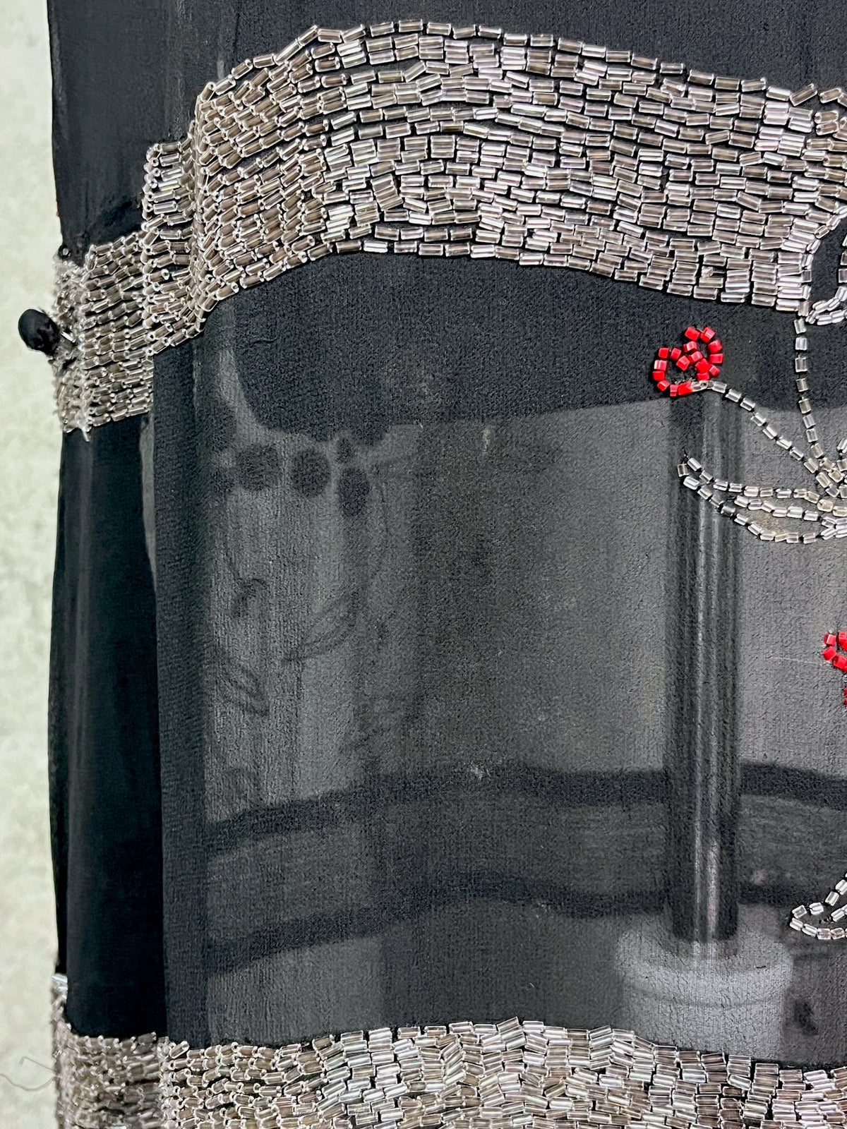 Antique 1920s Black Sheer Cherry Blossom Beaded Flapper Dress