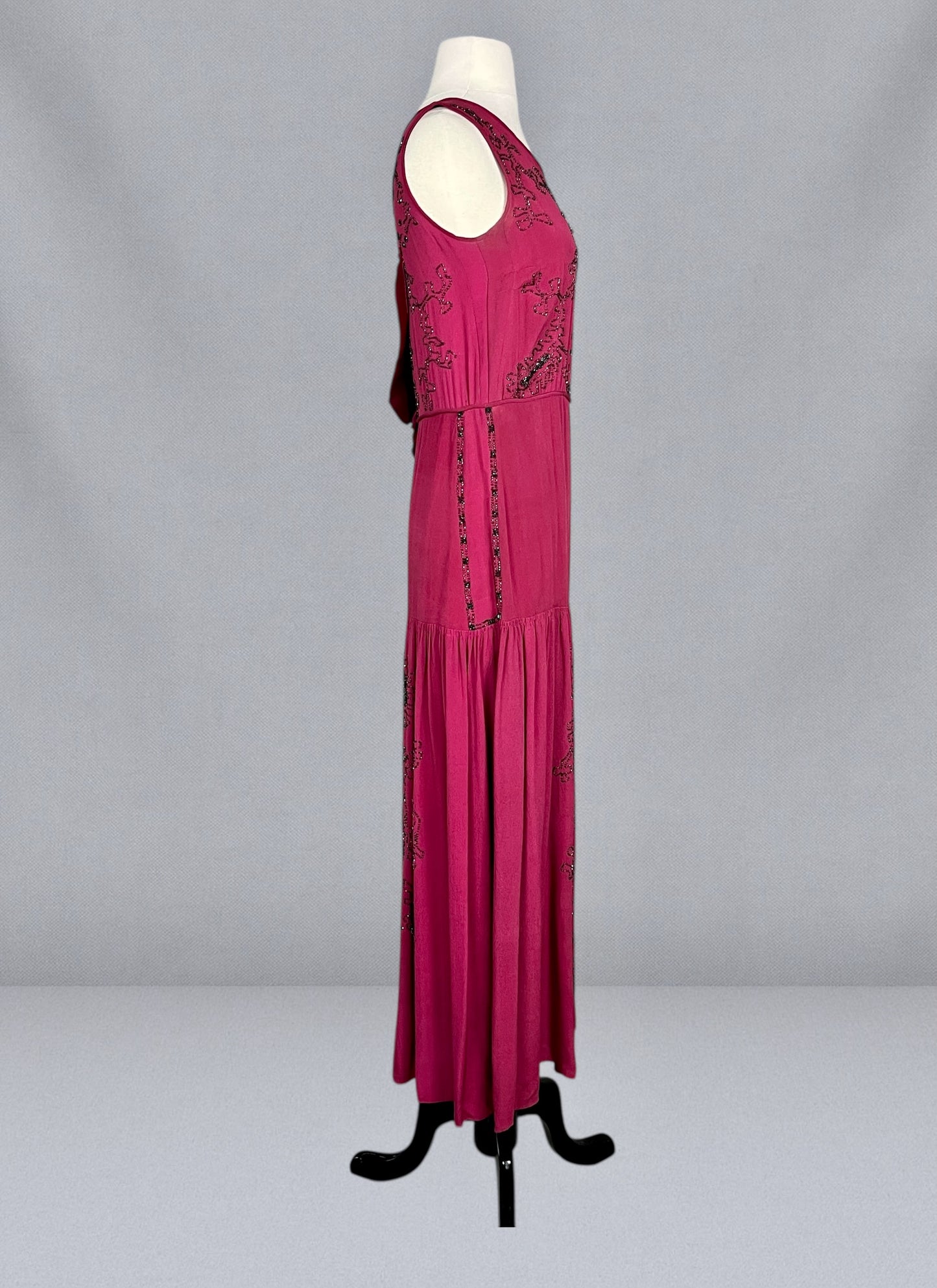 Antique 1920s Cerise Pink Beaded Silk Dress with Velvet Ribbon Back, XS
