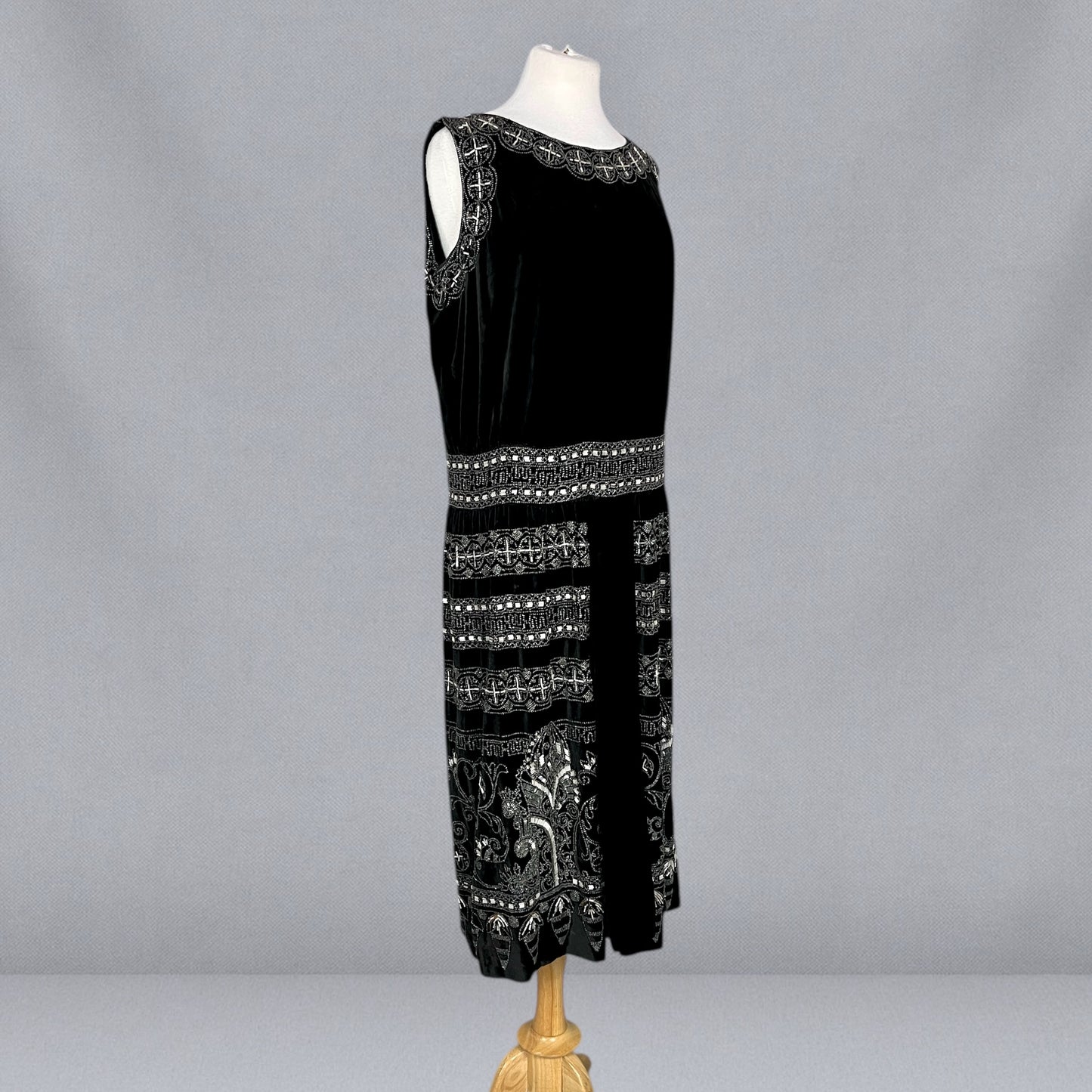 Exceptional Antique 1920s Black Velvet Dress with Silver Beadwork & Geometric Motifs, M - L