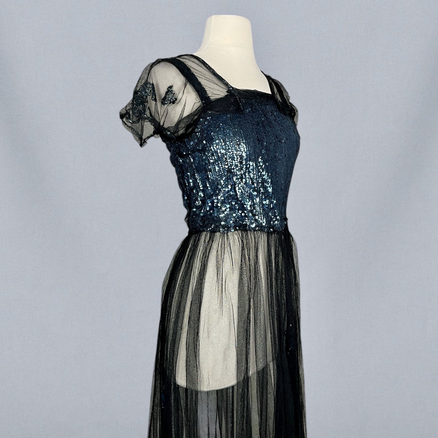 Extraordinary Antique 1930s Blue Gelatin Sequin & Black Net Evening Dress with Sheer Sleeves