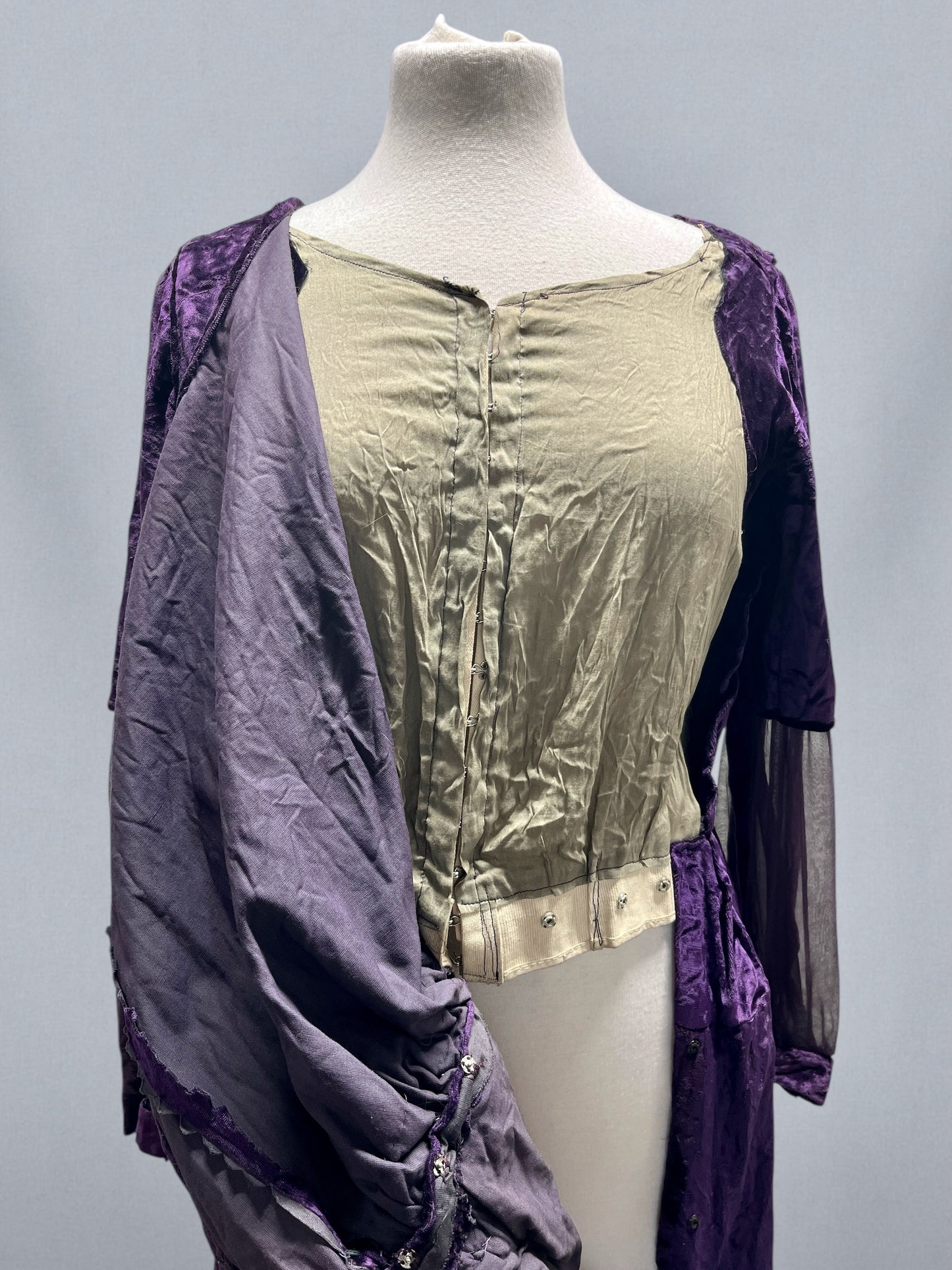 Antique Late 1910s–Early 1920s Purple Velvet Dress with Sheer Cutout Sleeves & Velvet Waist Rosette, Medium