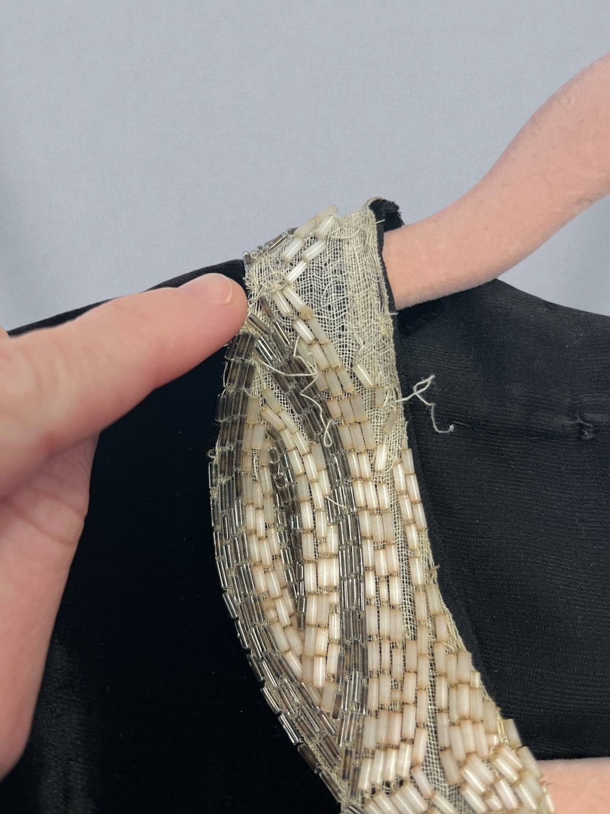 Antique Late 1920s Early 1930s Black Silk Velvet Dress with Beaded Neckline & Satin-Lined Bell Sleeves