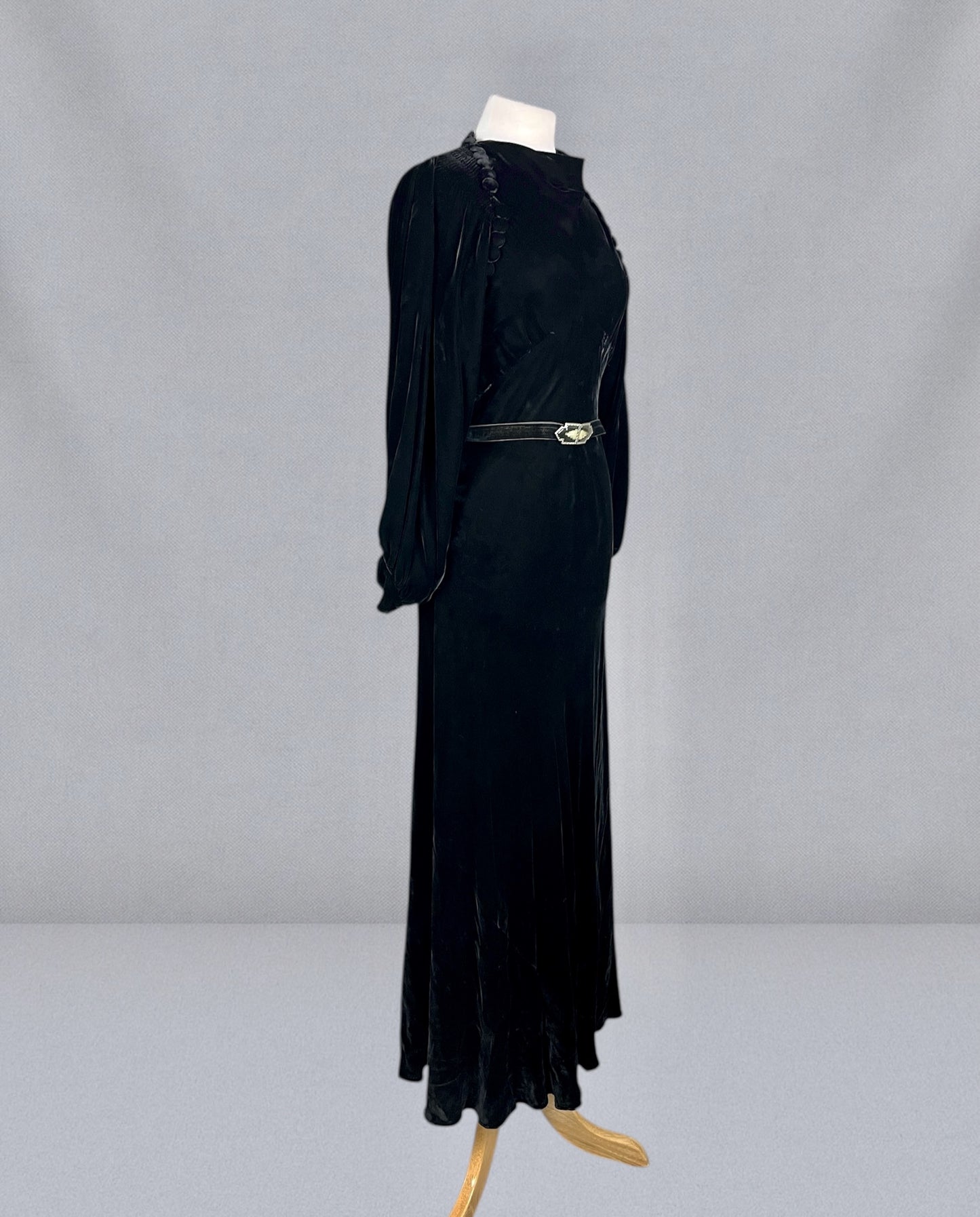 Vintage 1930s Black Velvet Bias-Cut Evening Dress with Bishop Sleeves & Covered Button Detailing, S/M