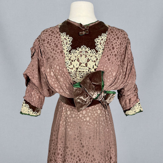 Antique Edwardian 1900s Taupe Textured Silk Dress with Brown Velvet, Cream Lace & Emerald Green Trim, XS