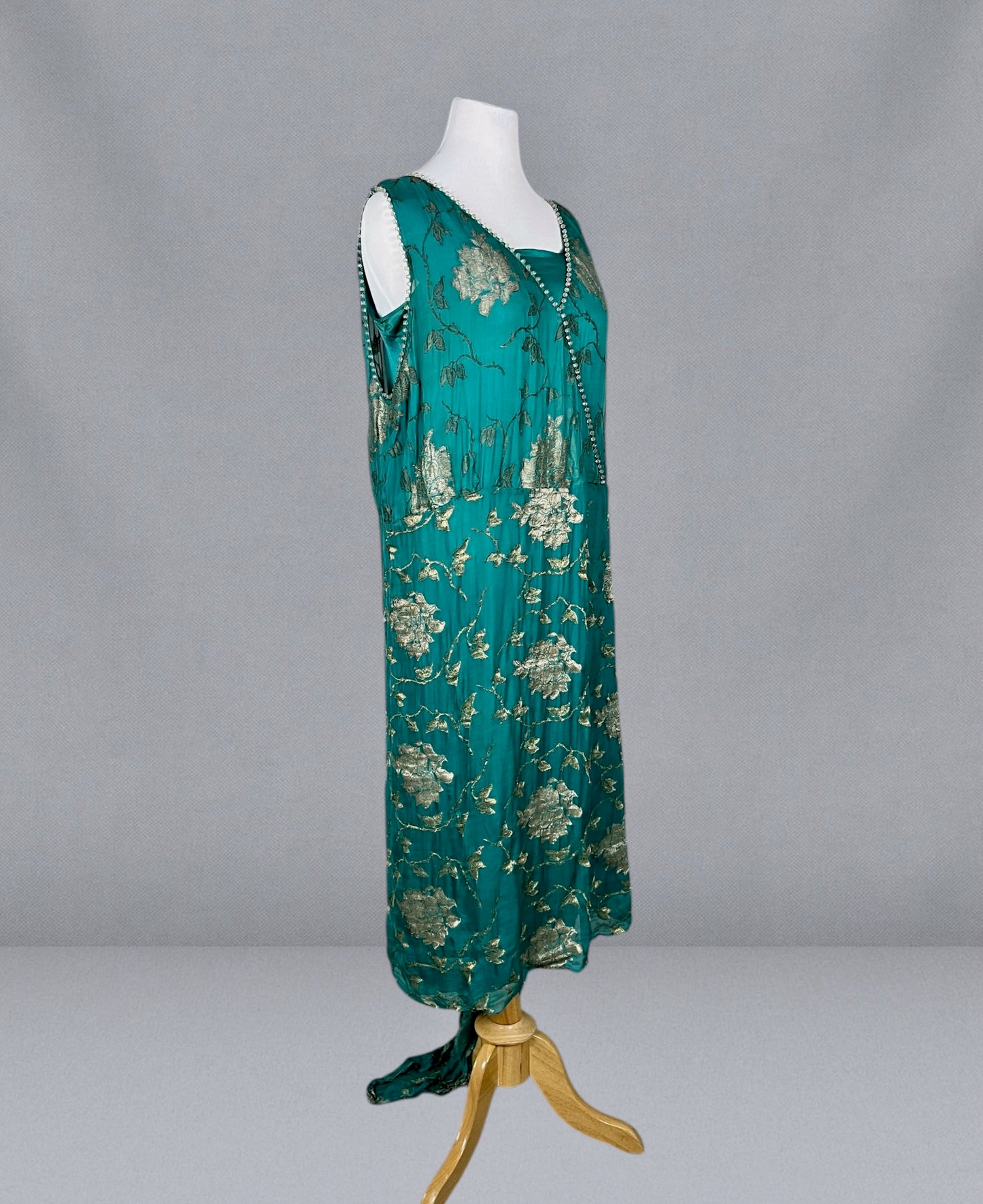 Antique 1920s Teal Silk & Gold Lamé Beaded Jazz Age Gown, J.M. Gidding & Co. New York Paris, Large