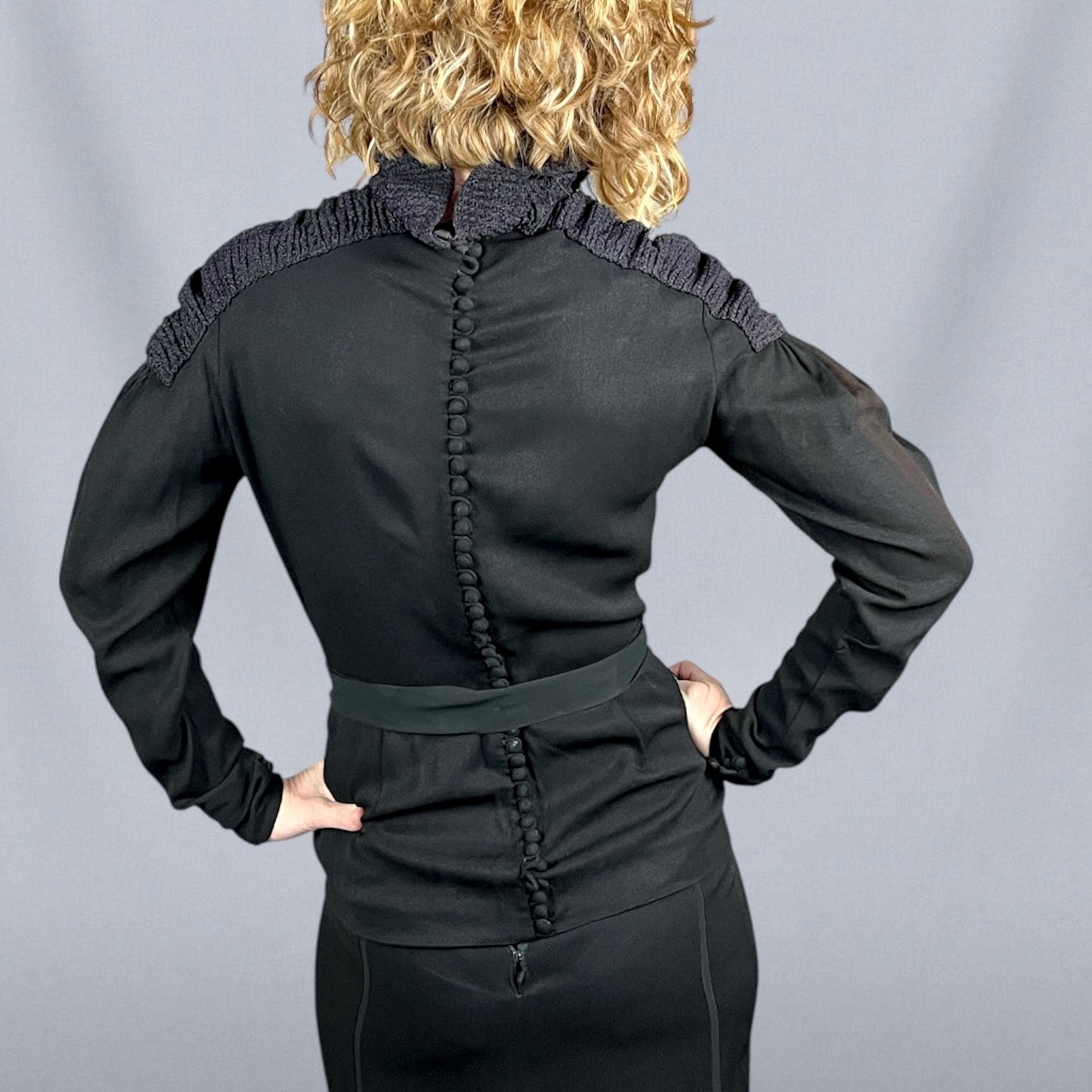 Vintage Late 1930s Black Rayon Two-Piece Ensemble | Deco Seamed Blouse with Shirred Knit Collar