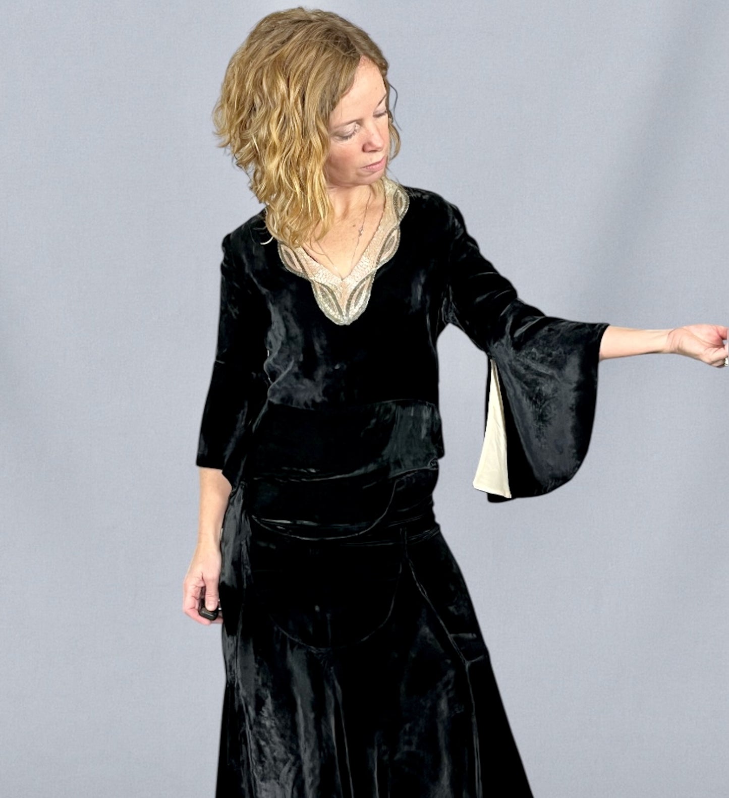 Antique Late 1920s Early 1930s Black Silk Velvet Dress with Beaded Neckline & Satin-Lined Bell Sleeves