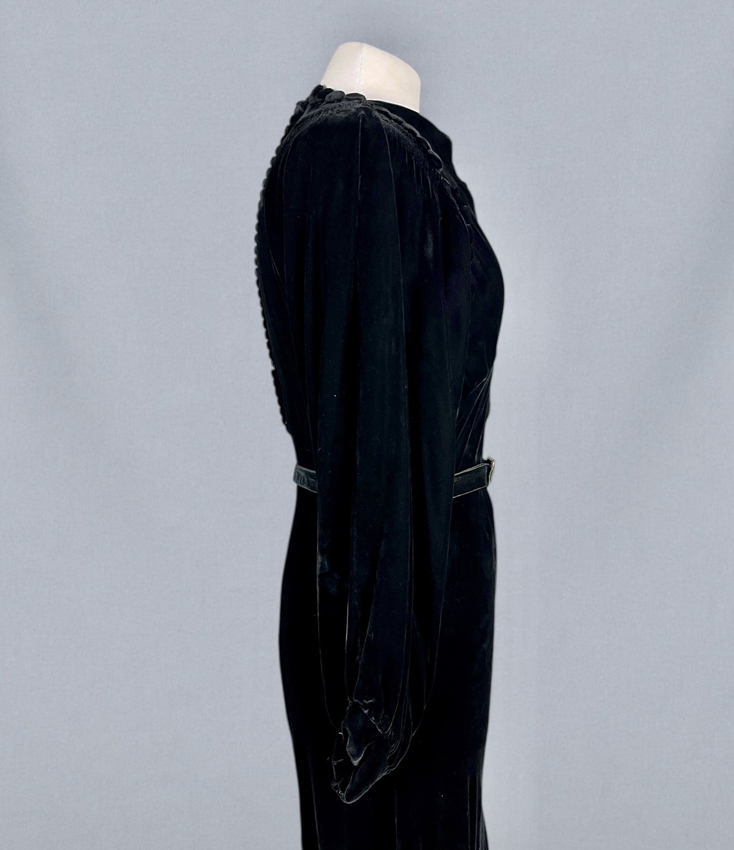 Vintage 1930s Black Velvet Bias-Cut Evening Dress with Bishop Sleeves & Covered Button Detailing, S/M
