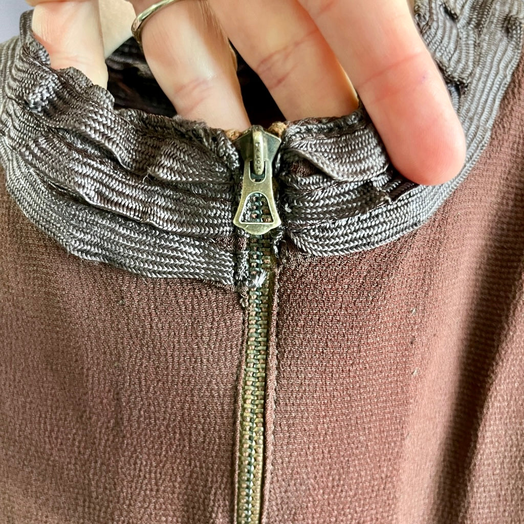 Late 1930s Chocolate Brown Rayon Crepe Dress with Sculpted Shoulders & Bell-Pull Metal Zip, XS-S