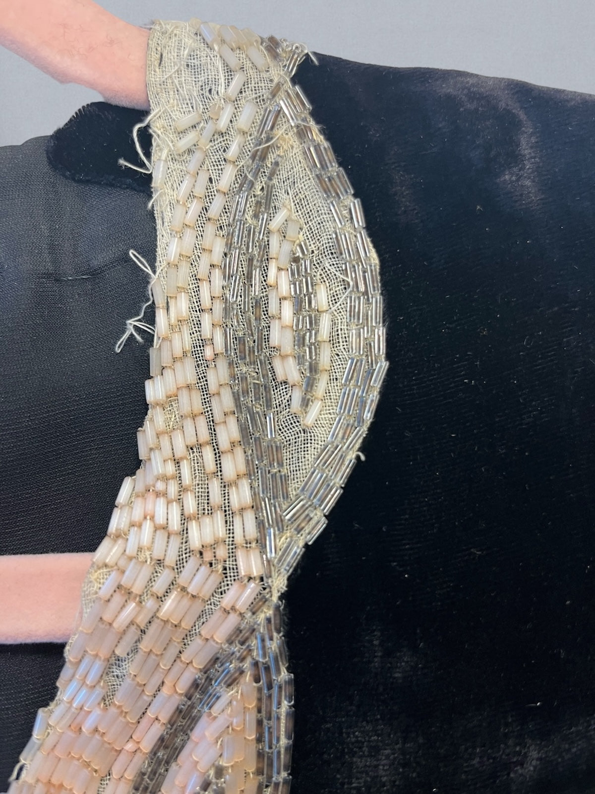 Antique Late 1920s Early 1930s Black Silk Velvet Dress with Beaded Neckline & Satin-Lined Bell Sleeves