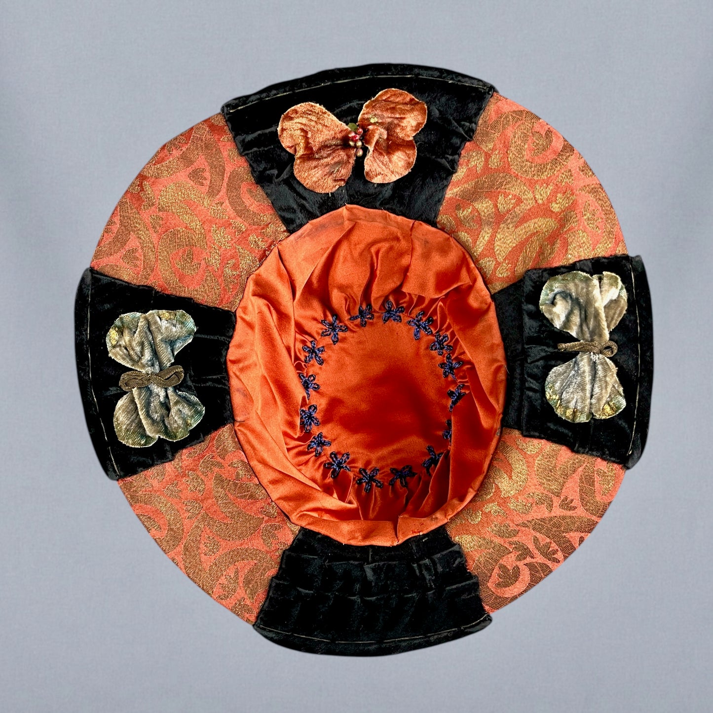 Antique Late 1910s Velvet & Lamé Brim Hat with Embroidered Silk Lining & Butterfly Appliqués