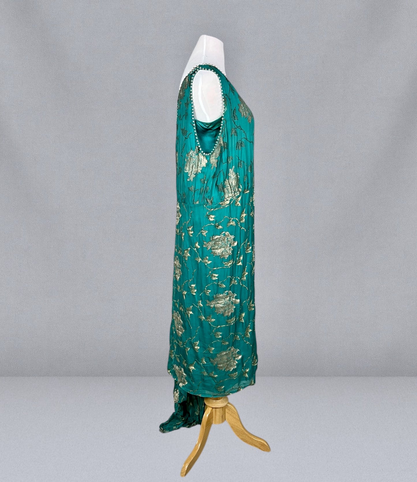 Antique 1920s Teal Silk & Gold Lamé Beaded Jazz Age Gown, J.M. Gidding & Co. New York Paris, Large