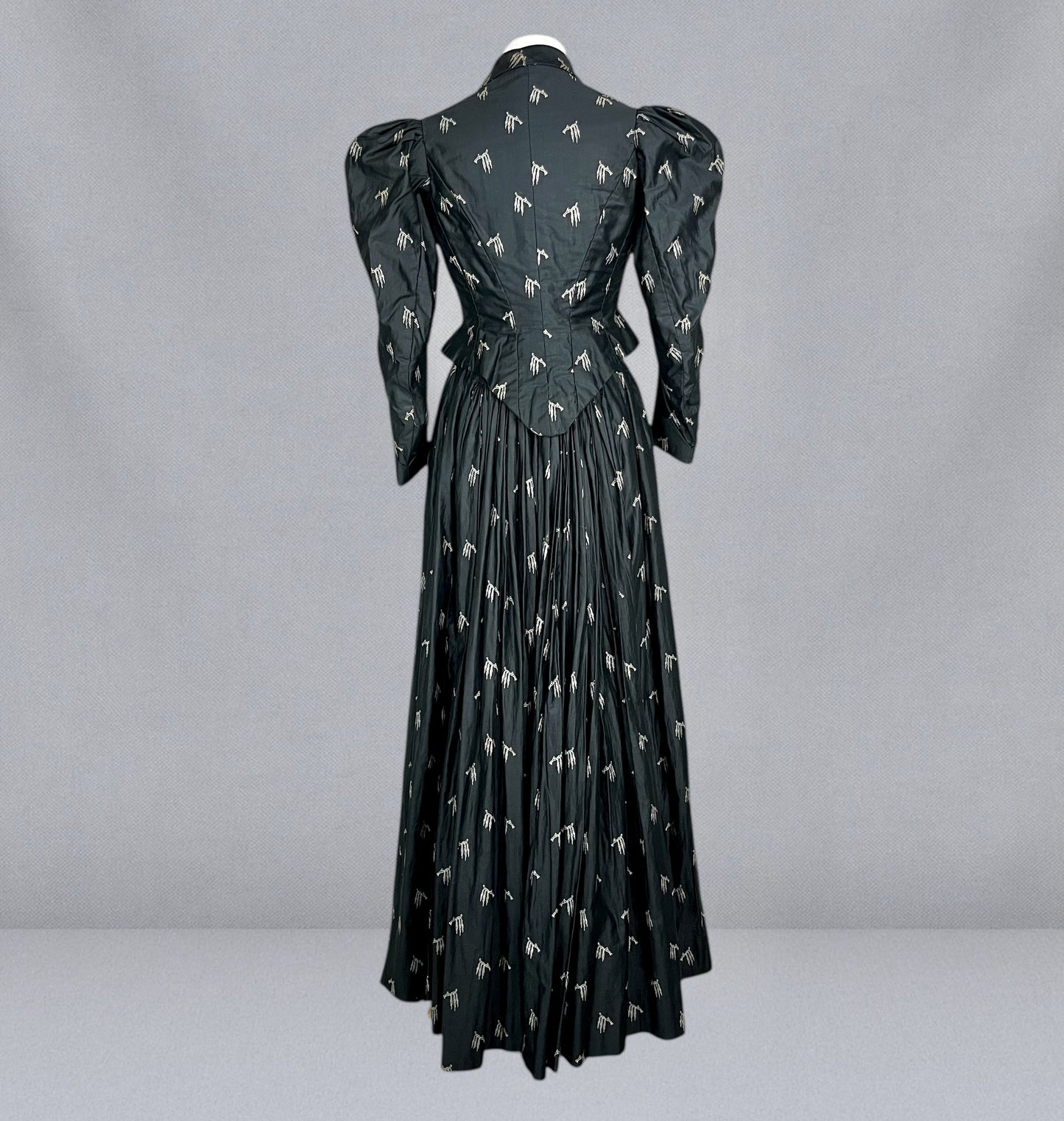Antique 1890s Black Polished Printed Cotton Two-Piece Bodice and Skirt with Leg-of-Mutton Sleeves, Medium