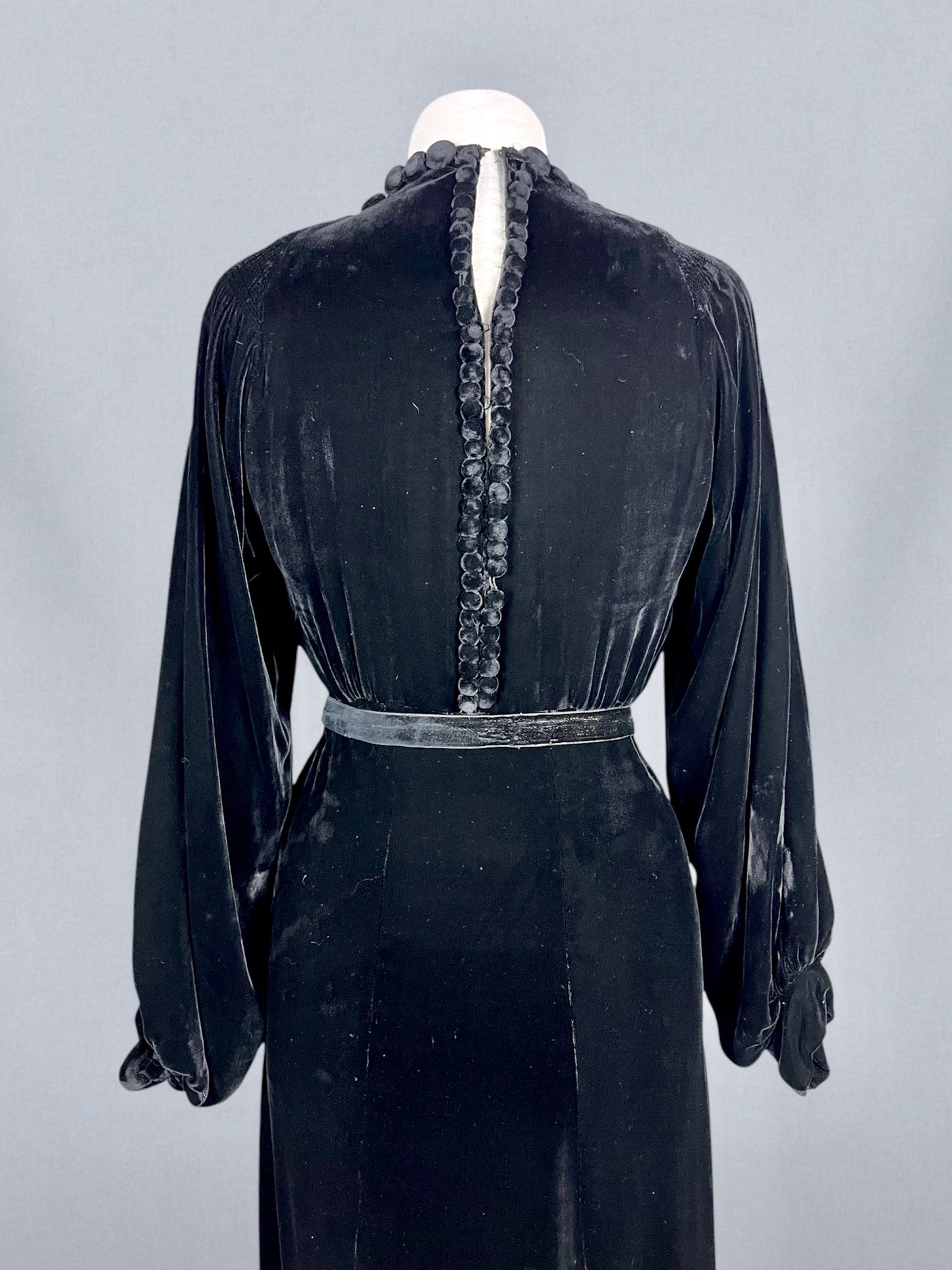 Vintage 1930s Black Velvet Bias-Cut Evening Dress with Bishop Sleeves & Covered Button Detailing, S/M