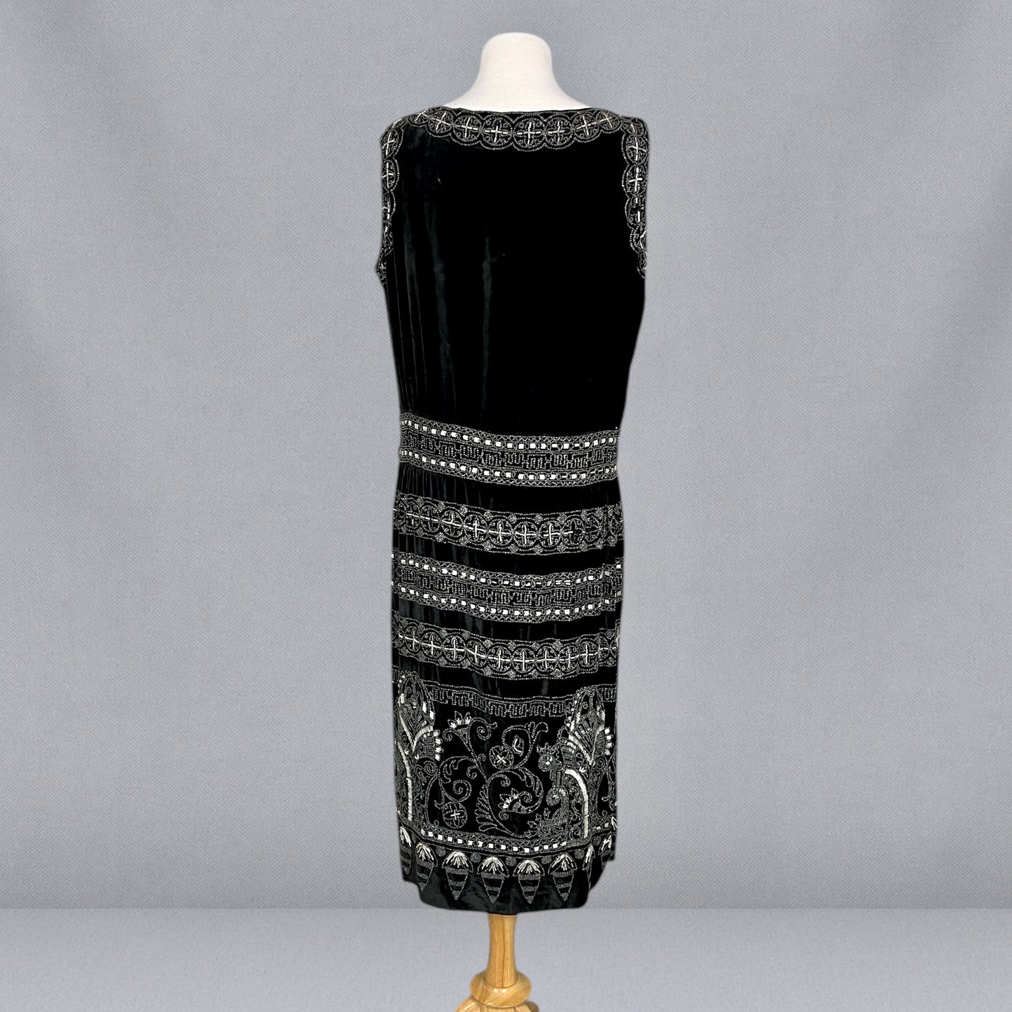 Exceptional Antique 1920s Black Velvet Dress with Silver Beadwork & Geometric Motifs, M - L